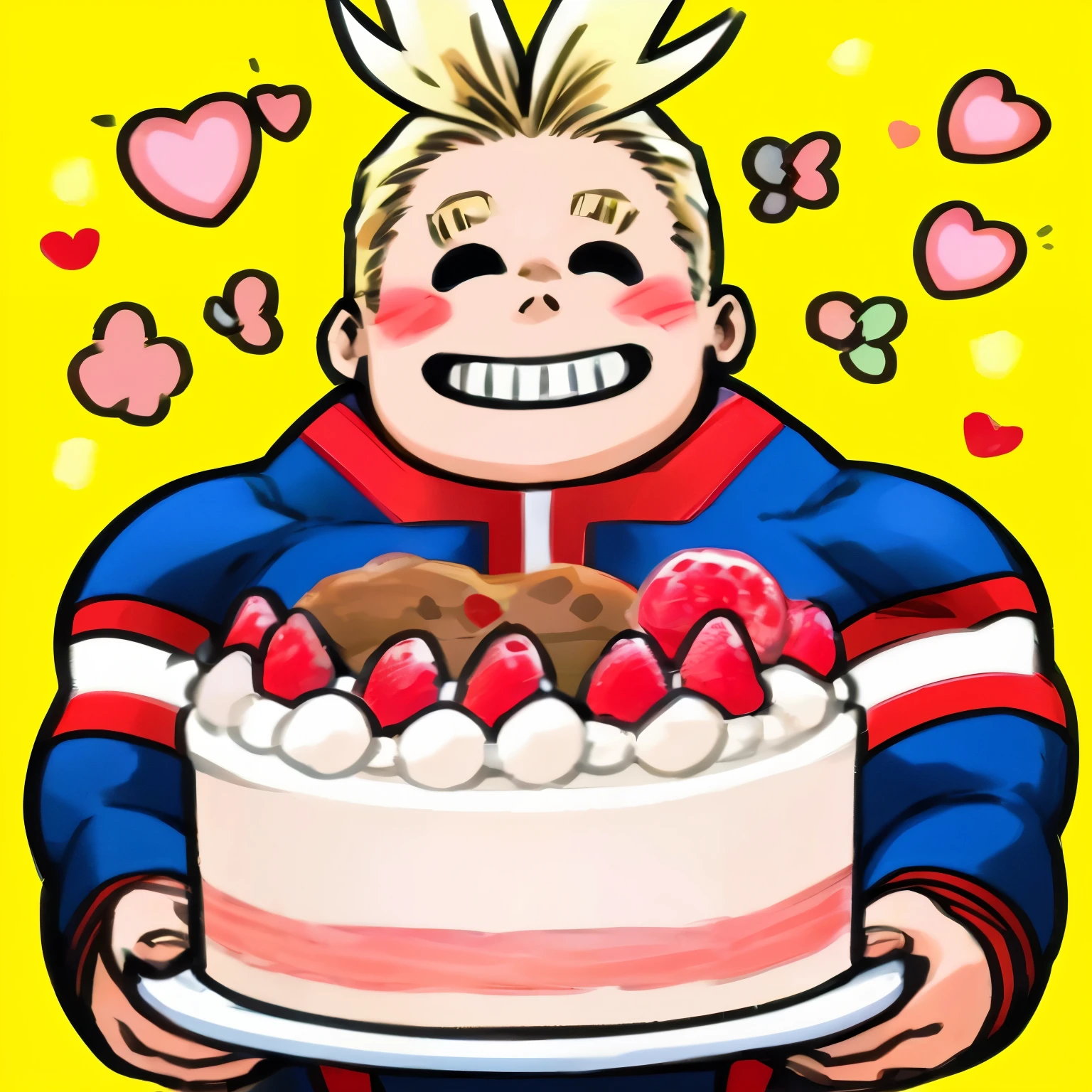 cartoon drawing of a man holding a cake with strawberries and a candle, all might, birthday cake, holding a birthday cake, boku no hero academia style, man, All Might, All Might presenting a cake, my hero academia, horikoshi kouhei style, anime style, superhero,