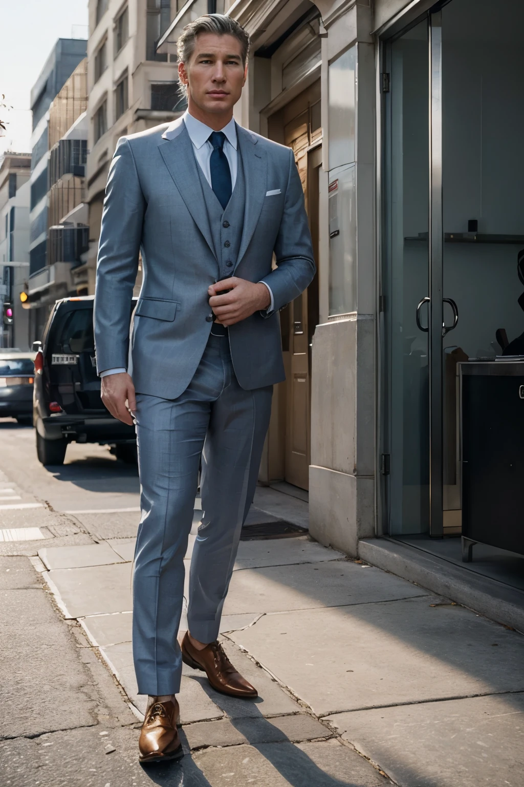 (Best quality, Ultra-detailed: 1.2), cinematic portrait, young Richard Gere, fine suit appearance, dapper gentleman, sharp jawline, piercing blue eyes, neatly combed silver hair, (immaculate: 1.3), polished shoes, confident posture, (perfectly tailored: 1.5), refined texture, (sharp focus: 1.3), gleaming fabric, photorealistic rendition, film grain, clean-shaven face, briefcase in hand, pale complexion, efficient businessman, introspective expression, (professional setting: 0.8), golden hour lighting, key light,