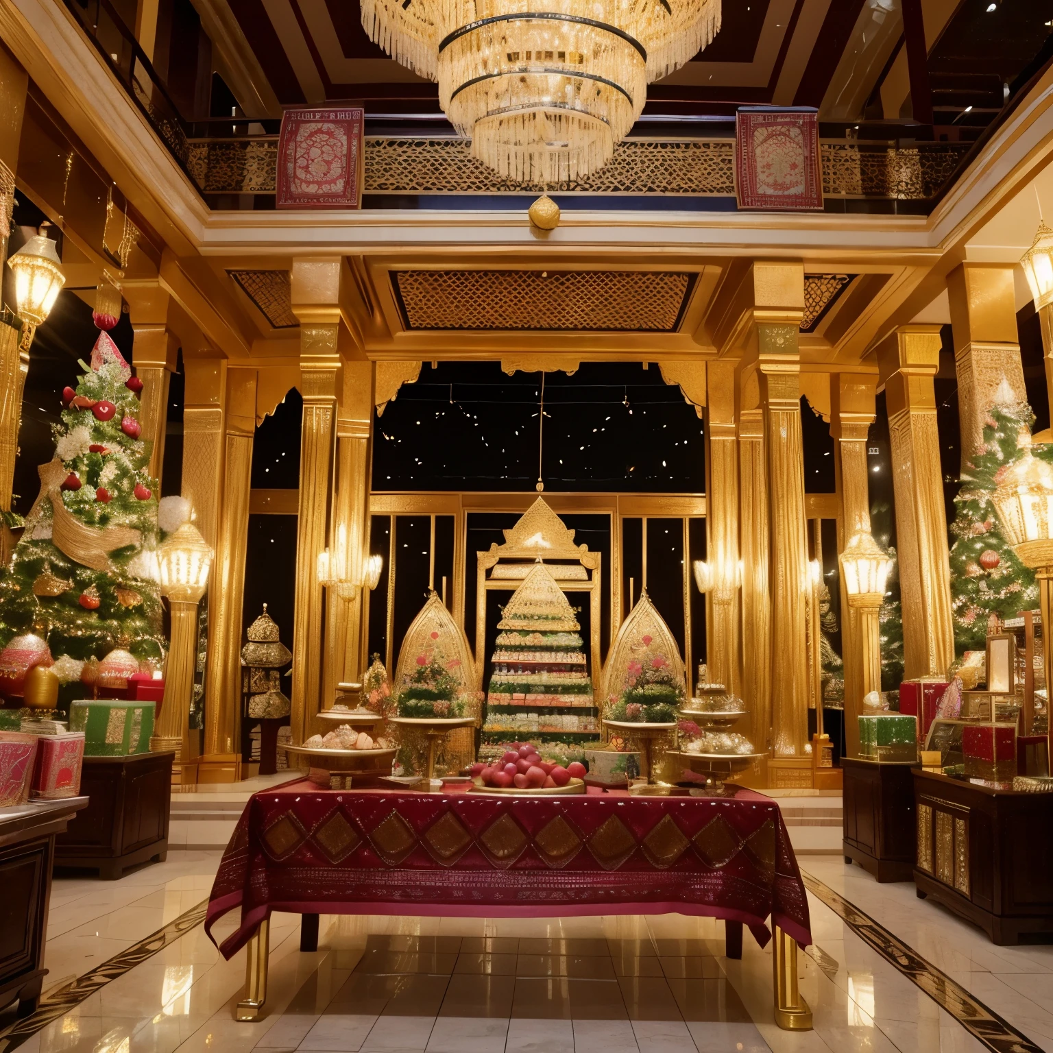 RAW, Best quality, high resolution, Masterpiece: 1.3), Hari Raya Shopping Mall Decoration (iu:0.8),
Best quality, high resolution, Masterpiece: 1.3, Intricately designed Hari Raya shopping mall decorations,
Masterpiece, Vibrant colors, Cultural motifs, Realistic details, 1scene,
Soft glow of fairy lights, Traditional batik patterns, Arnadas and woven baskets,
Detailed and authentic Malaysian crafts, Festive ornaments, Golden accents,
Ricely decorated mall entrance, Life-size apples and durians, Delicate peonies and