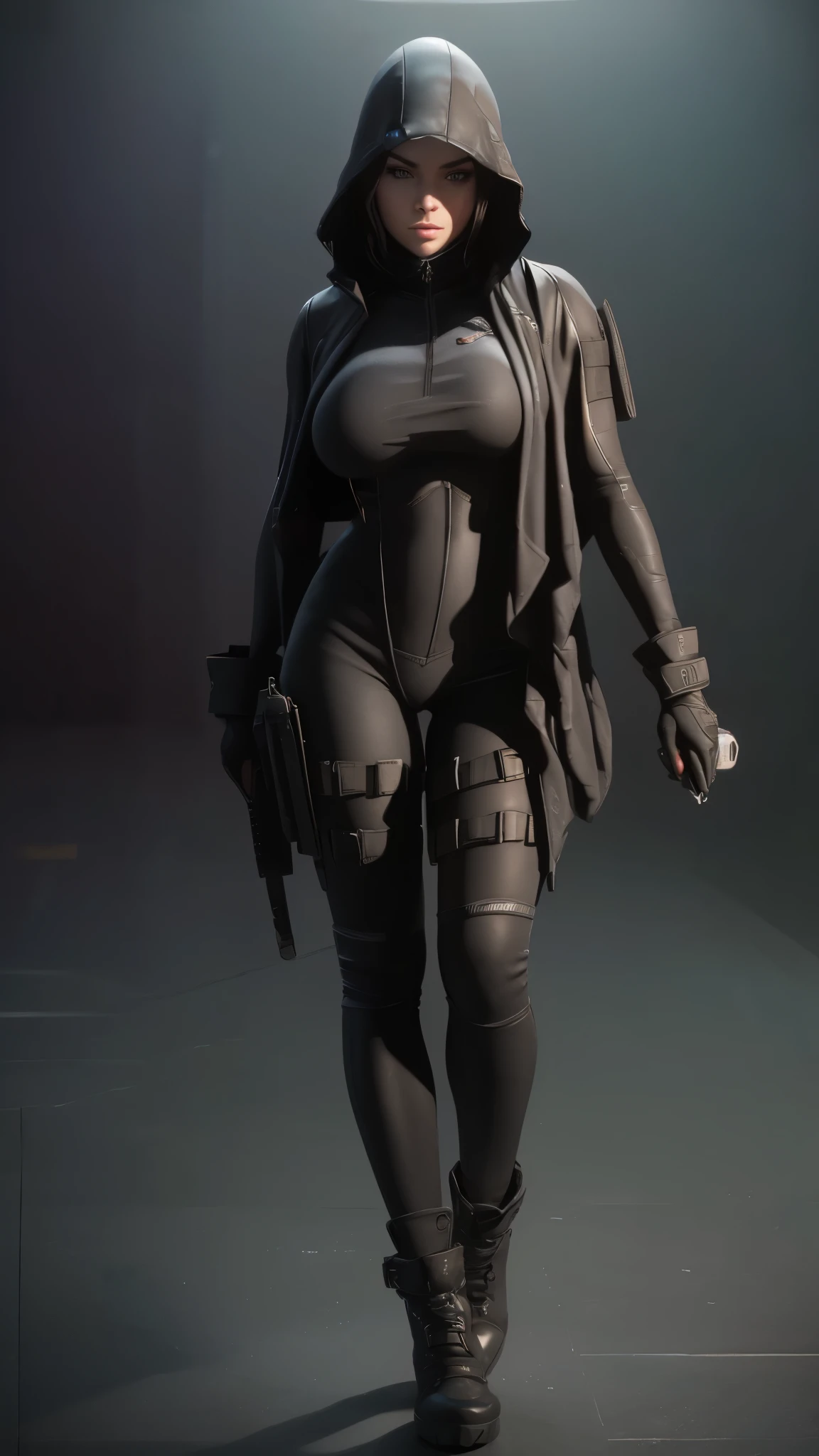 (full body portrait, 1 girl, looking at viewer, highly detailed, anatomy correct:1.4), black gloves, hood on, tactical gear, Sharp focus, black boots, (athletic body:1.3), black jeans, sexy pose, ((Best quality)), ((masterpiece)), Depth-of-field, Multi-layered textures, HDR (High Dynamic Range), Ray Tracing, NVIDIA RTX, Unreal 5, Subsurface scattering, PBR Texturing, Post-processing, Anisotropic Filtering, Maximum clarity and sharpness, Wide aperture, Low ISO, White balance, Rule of thirds, 8K RAW, (extremely slutty), (Highly realistic skin), sharp image,(ultra detailed), (beautiful face), (extremely high quality artwork),