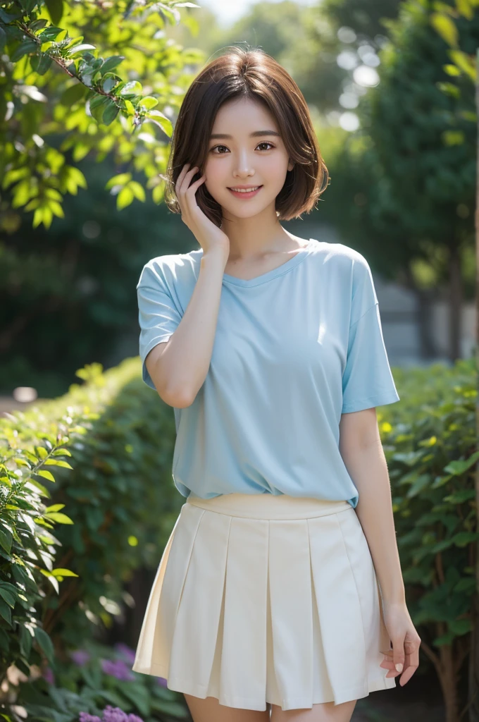 (8k, best quality, masterpiece: 1.2), Ultra-detailed, best quality, ultra high resolution, professional lighting, photon mapping, Radiosity, Physically based rendering, light, depth of field, focus, sun rays, good composition, (Bokeh: 1.2), 1 girl, (whole body), Smile, beautiful eyes, posture, shrink, brown hair, short hair, Light blue prairie shirt, skirt,garden,hand {hand指s} kawaii {hand指} hand,