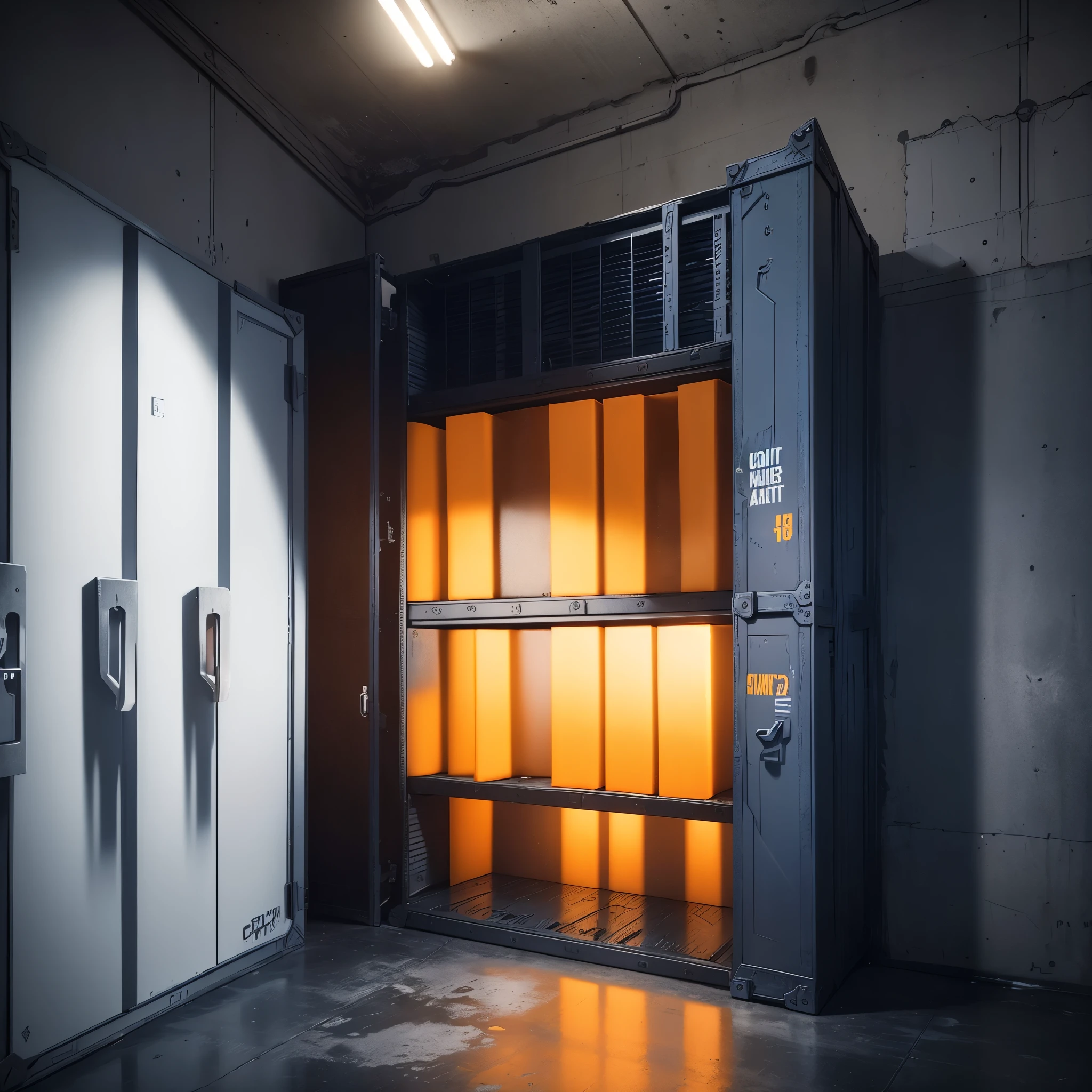 the call of duty armory is a dark room with white lights and not have windows, there are weapon cases and military crates in blue, orange and yellow colors