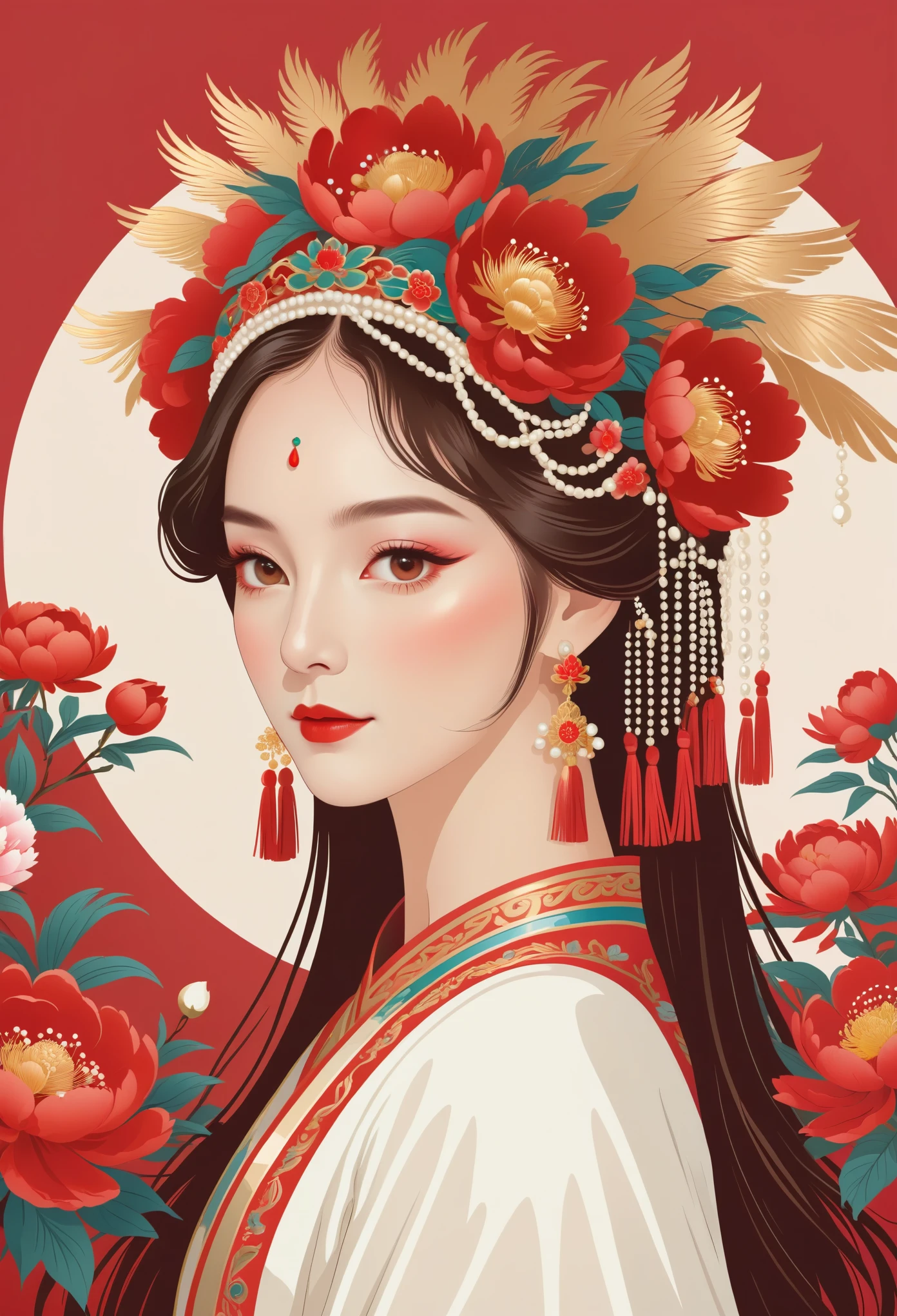 flat,vector,Meticulous,Simple lines,beautiful girl,portrait,Phoenix crown,Tassel headdress,Crown of pearls,Red, Peony background,round background