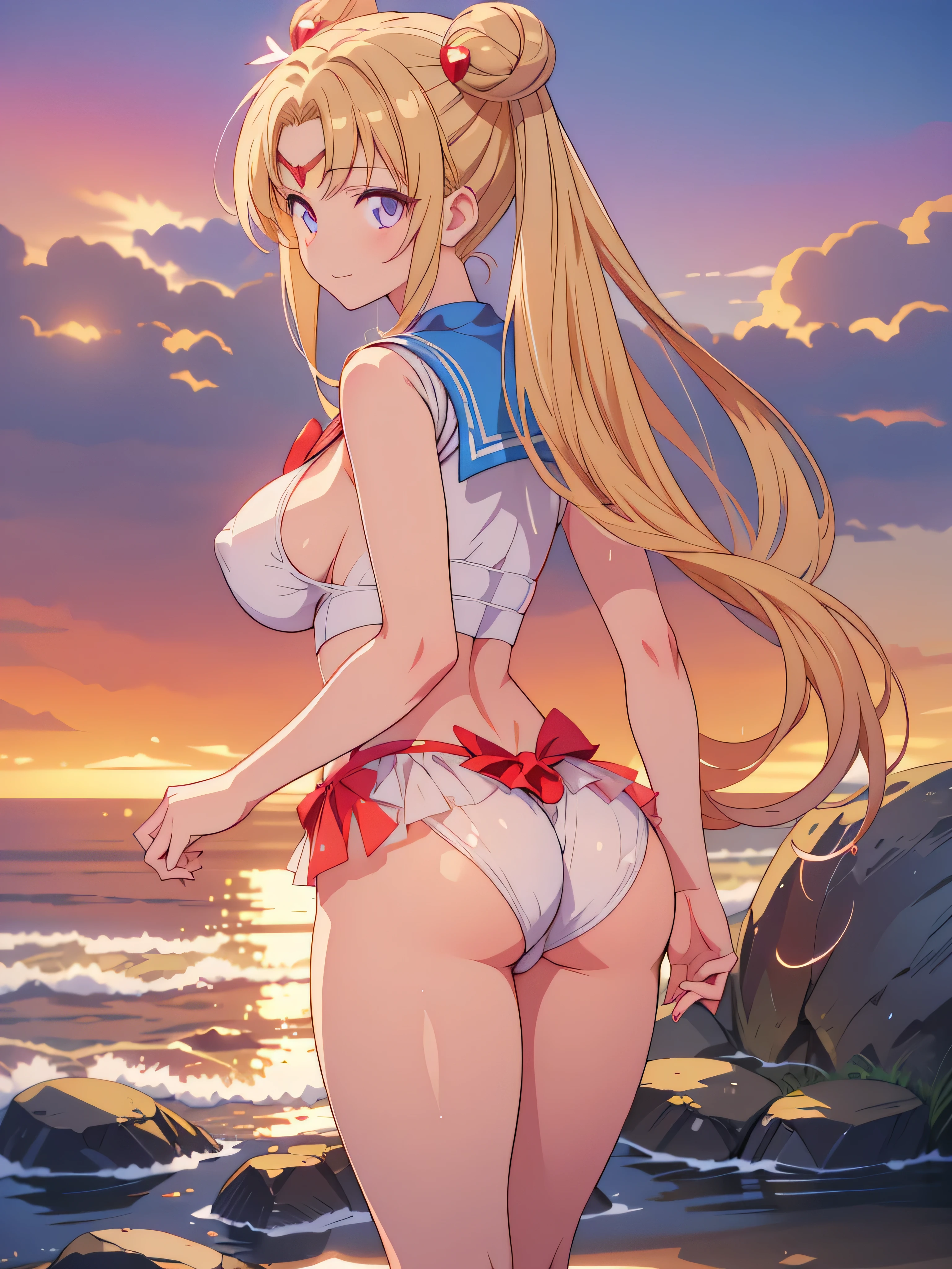 master piece, highest quality, super detailed, ultra high resolution, realistic, 4k, 8k, highest quality, master piece, best image quality, Super detailed, ultra high resolutionolution, realistic描写, anime, comics, sailor moon, Tsukino Usagi, 1 girl, alone, full body shot, blonde, long hair, bun hair, long eyelashes, thick eyelashes, looking at the viewer, smile, Highly detailed art buds, official artwork, 詳細なanime原画, official artwork, きれいな詳細なanimeアート, 滑らかなanimeCGアート, complete art, Epic light novel art cover, ファインディテールanime, Rear view, look at the audience, huge waist, buckshot, Rear view, crawling posture, look over your shoulder, back pose, realistic skin, shiny skin, shiny skin, professional lighting, sweaty feet, seductive pose, turn away, on the beachビキニを着た女性のcomicsの絵, pixiv, tits, tits proportions, biomechanical tits, きれいな詳細なanimeアート, 滑らかなanimeCGアート, on the beach, | ファインディテールanime, Highly detailed art buds, on the beach, realistic bikini, NSFW, NSFW NAKED, full body shot, big breasts, slender body shape, Highly detailed face and skin texture, fine eyes, double eyelid, Whitening skin, Body Gloss, giggle, dynamite body, sexy, pink cheeks, backwards pose, show me your butt, stick out your butt, buttocks emphasis, raise your butt,