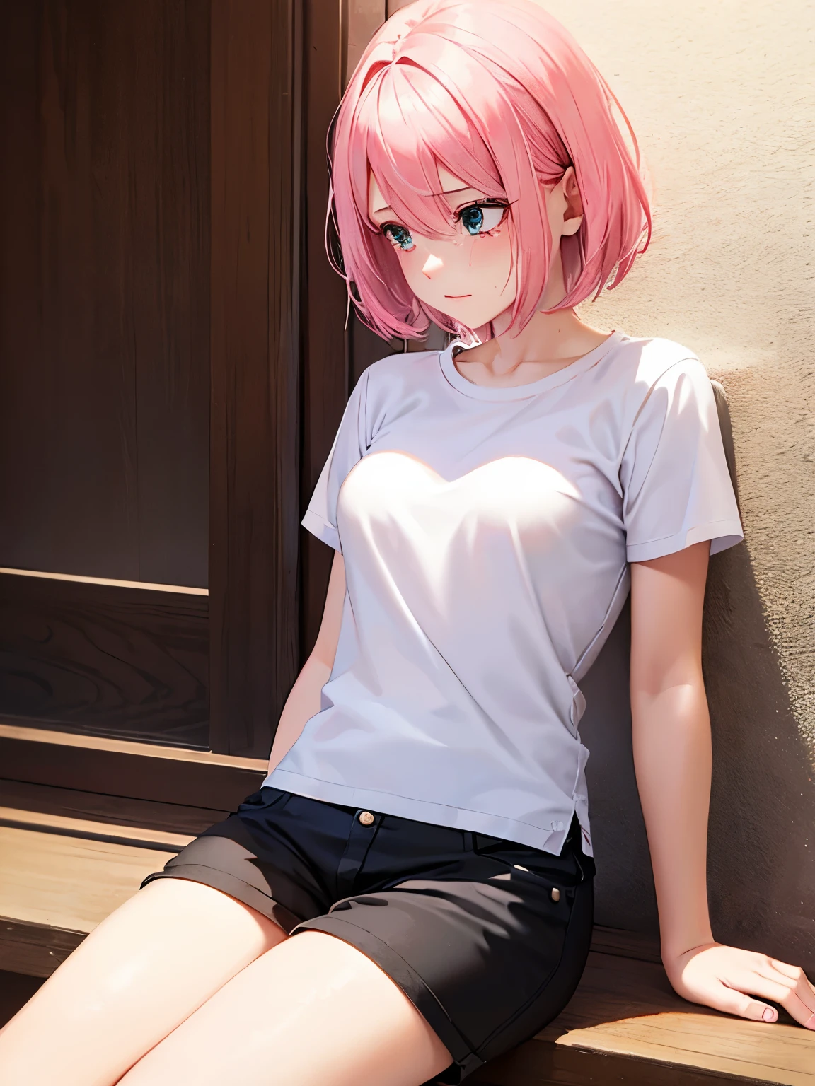 1 girl,Pink hair,Sitting, looking away, crying, tears coming out,Middle parted hair, short hair,white t-shirt,white t-shirt,black shorts ,at the north pole,blizzard