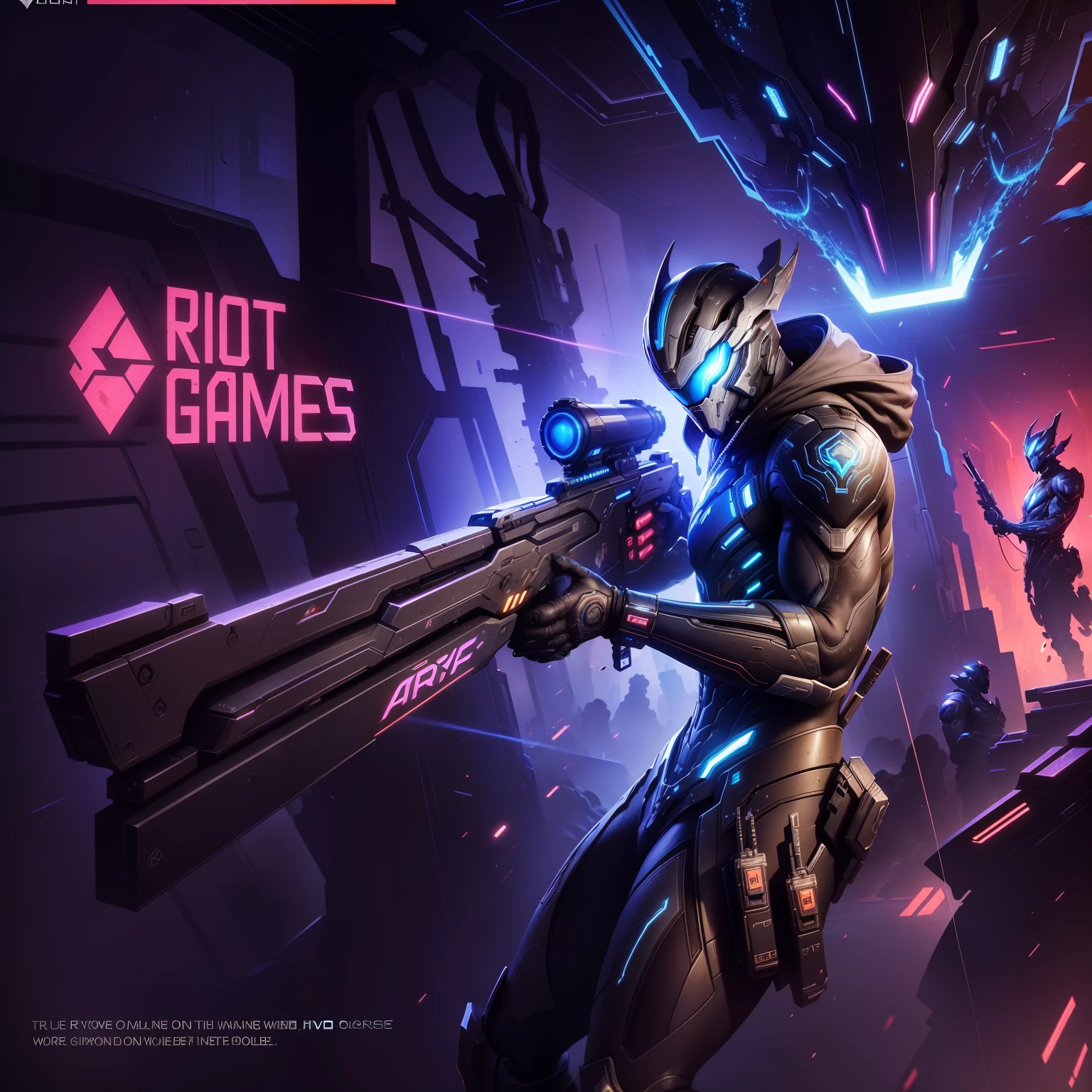 arafed image of a man holding a gun in front of a futuristic background, game screens hot, game art, fps game concept art, detailed game art illustration, splash screen art, background artwork, masterpiece epic retrowave art, warframe art, game concept art, high quality warframe fanart, epic retrowave art, keyframe illustration, riot background