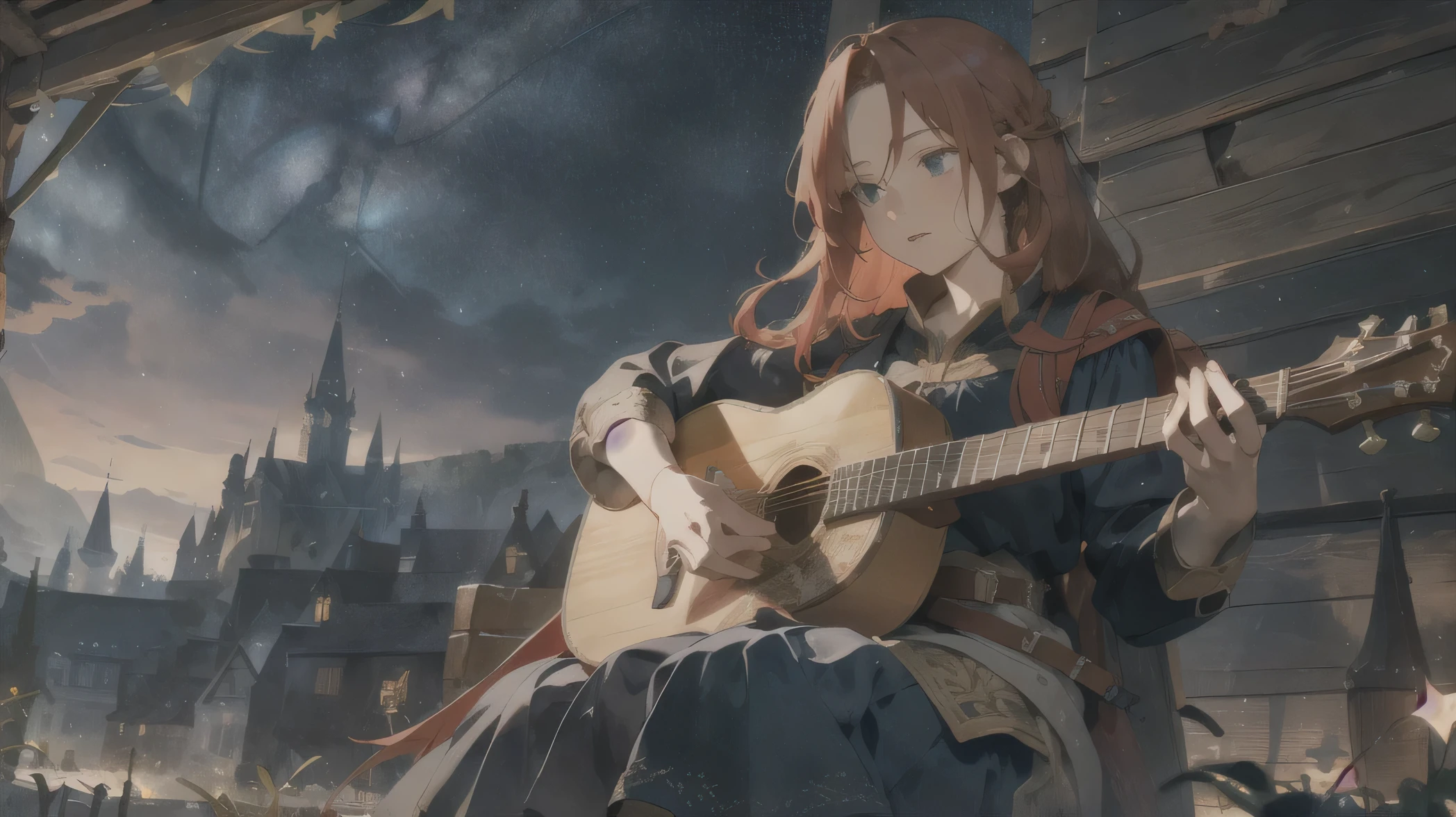 Layered textures,middle ages,fantasy,Female Bard,redhead,long hair,Playing Acoustic Guitar,night,starry sky