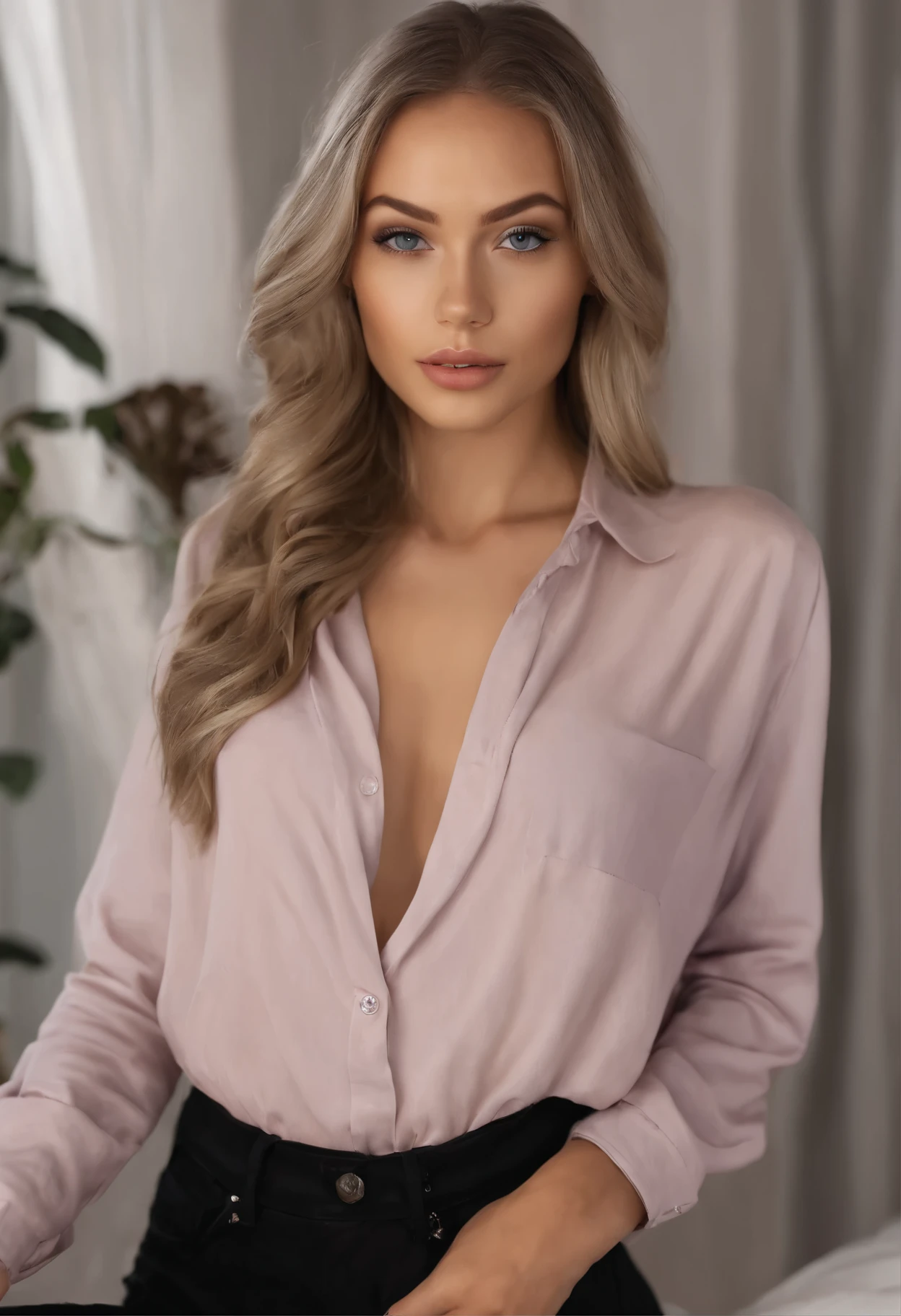 arafed woman fully , sexy girl with blue eyes, ultra realistic, meticulously detailed, portrait sophie mudd, blonde hair and large eyes, selfie of a young woman, bedroom eyes, violet myers, without makeup, natural makeup, looking directly at the camera, face with artgram, subtle makeup, stunning full body shot kneeling on bed, in bedroom, medium to large size bust