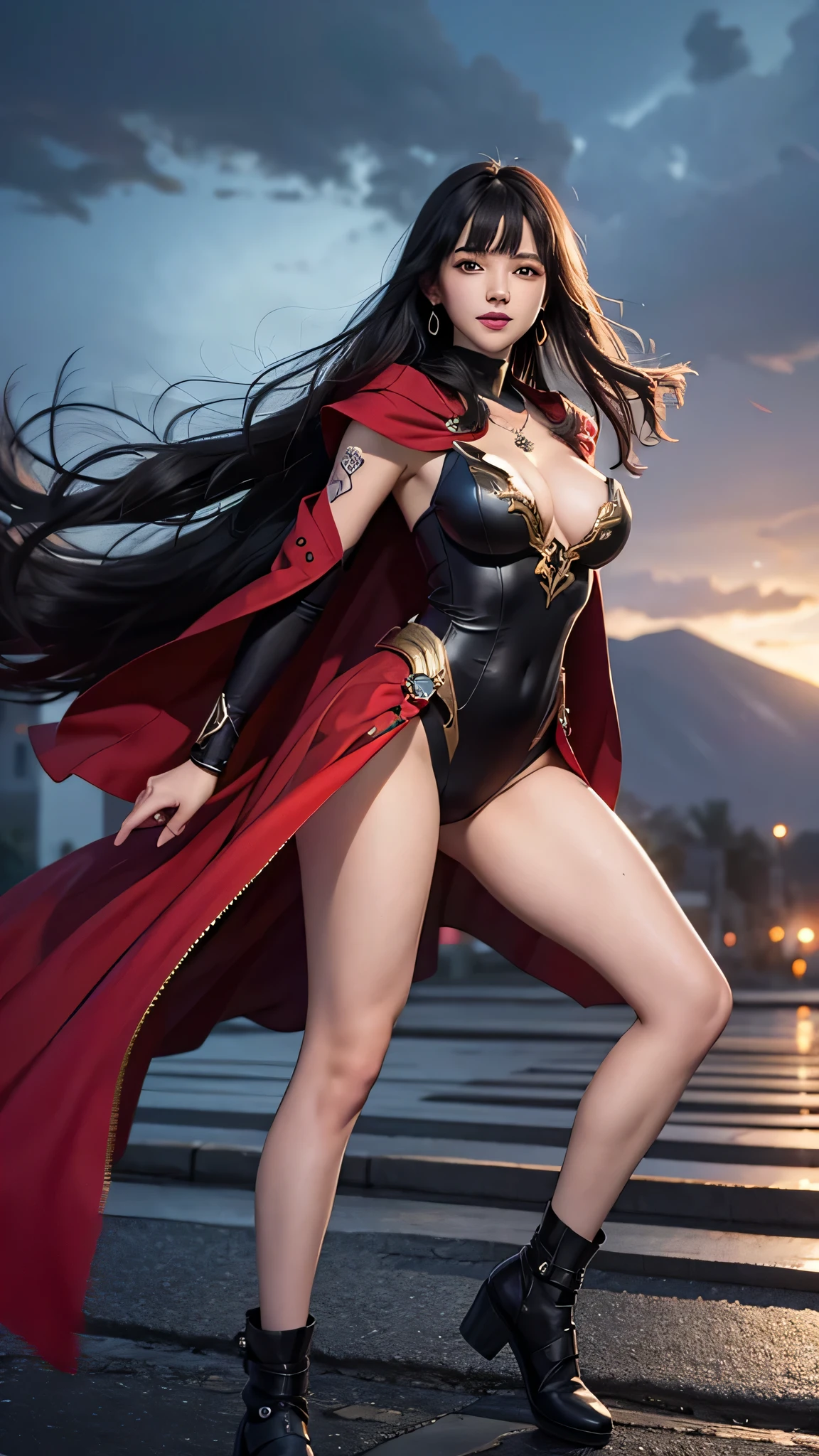 最high quality、best image quality、masterpiece、girl((20-year-old、 By becoming、vest bust、medium bust,wide open breast tea、shining eyes, neon hair、long hair、thin,highest valley、Black Hero Suit、Red Hero Mask、blue cloak、smile、full body tattoo,diamond earrings、Wristband、necklace、wrist set)),high quality、beautiful art、background((night、red thunder、storm、gust of wind、tornado))、Flight、debris flies、Depth of written boundary、movie、visual art、perfect art、8k,genuine、