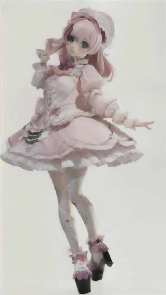 ((((masterpiece)))), ((((Very detailed))))， ((Super detailed)), (best quality: 1.3),[(White background:1.5),::5]， 8k,close angle，full body display，front view，a girl，long pink hair，Smile，legs upright，lolita costume，