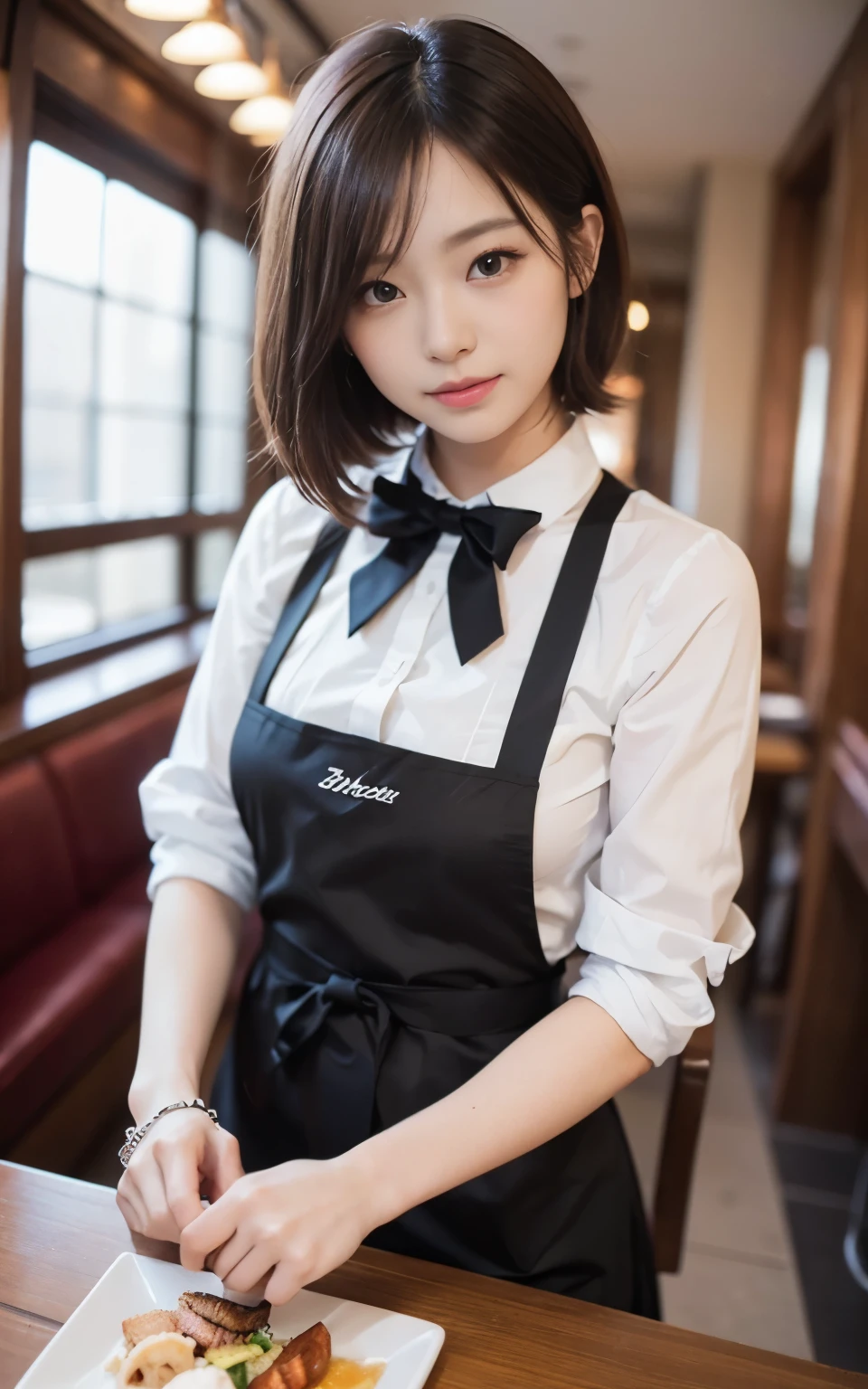 cute 21 year old japanese、apron, black bow tie、Waiter、Cafe、super detail face、pay attention to details、double eyelid、beautiful thin nose、sharp focus:1.2、Beautiful woman:1.4、(light brown hair,short hair、),pure white skin、highest quality、masterpiece、ultra high resolution、(Photoreal:1.4)、Highly detailed and professional lighting、nice smile、Carry dishes、Please show me your whole body、