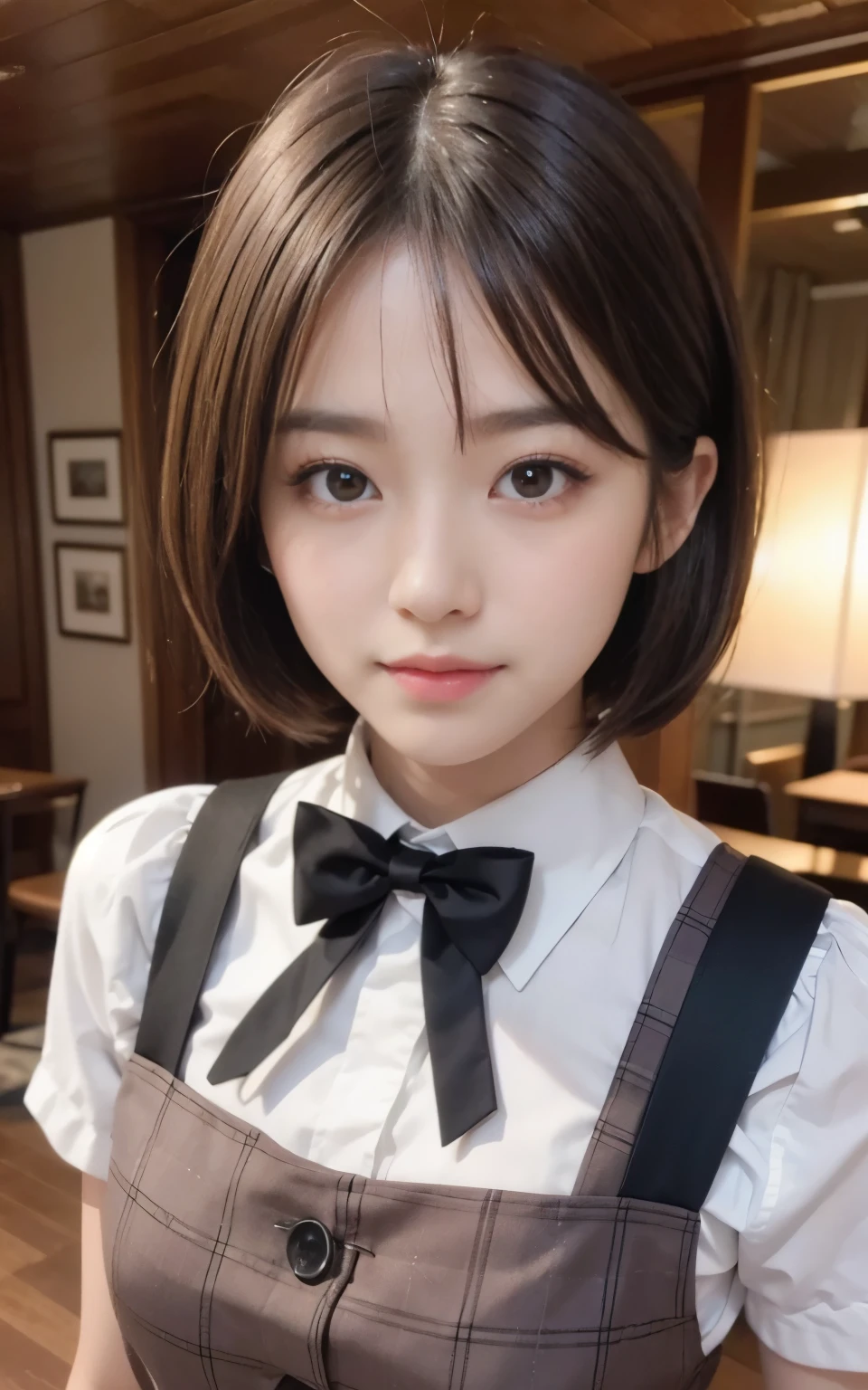 cute 21 year old japanese、apron, black bow tie、Waiter、restaurant、super detail face、pay attention to details、double eyelid、beautiful thin nose、sharp focus:1.2、Beautiful woman:1.4、(light brown hair,short hair、),pure white skin、highest quality、masterpiece、ultra high resolution、(Photoreal:1.4)、Highly detailed and professional lighting、nice smile、Please show me your whole body、