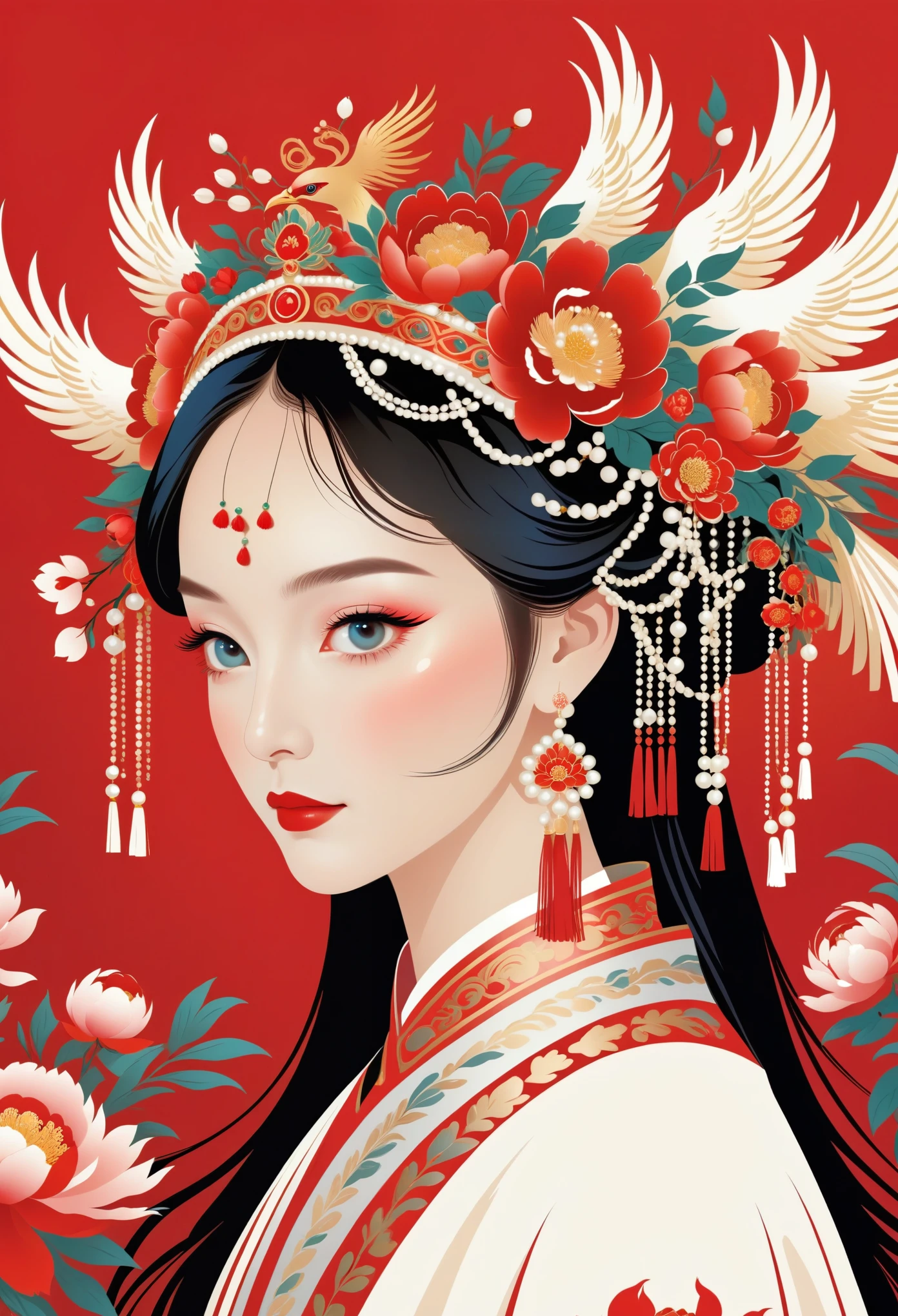 flat,vector,Meticulous,Simple lines,beautiful girl,portrait,Phoenix crown,Tassel headdress,Crown of pearls,Red, Peony background,round background