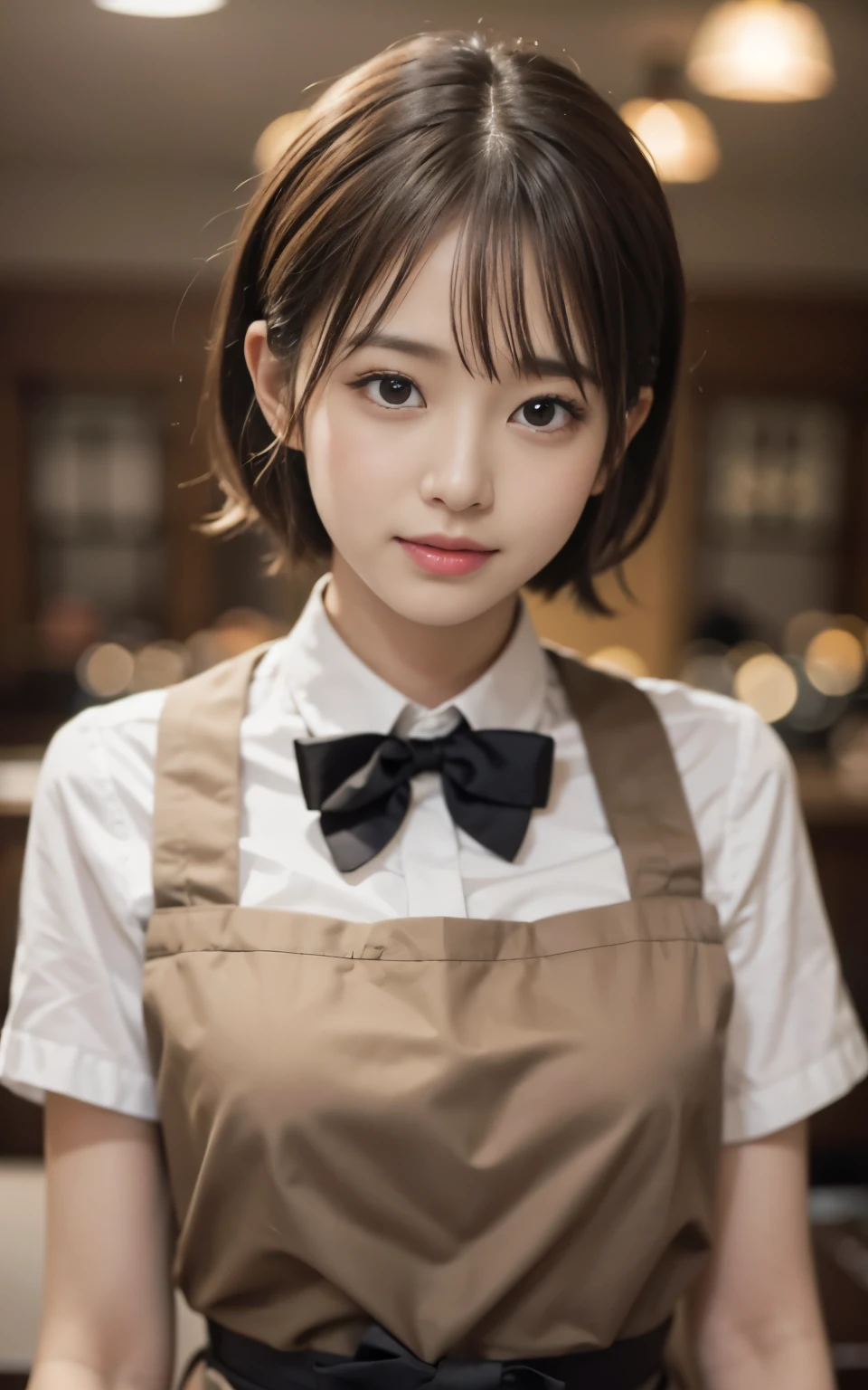 cute 21 year old japanese、apron, black bow tie、Waiter、restaurant、super detail face、pay attention to details、double eyelid、beautiful thin nose、sharp focus:1.2、Beautiful woman:1.4、(light brown hair,short hair、),pure white skin、highest quality、masterpiece、ultra high resolution、(Photoreal:1.4)、Highly detailed and professional lighting、nice smile、Please show me your whole body、
