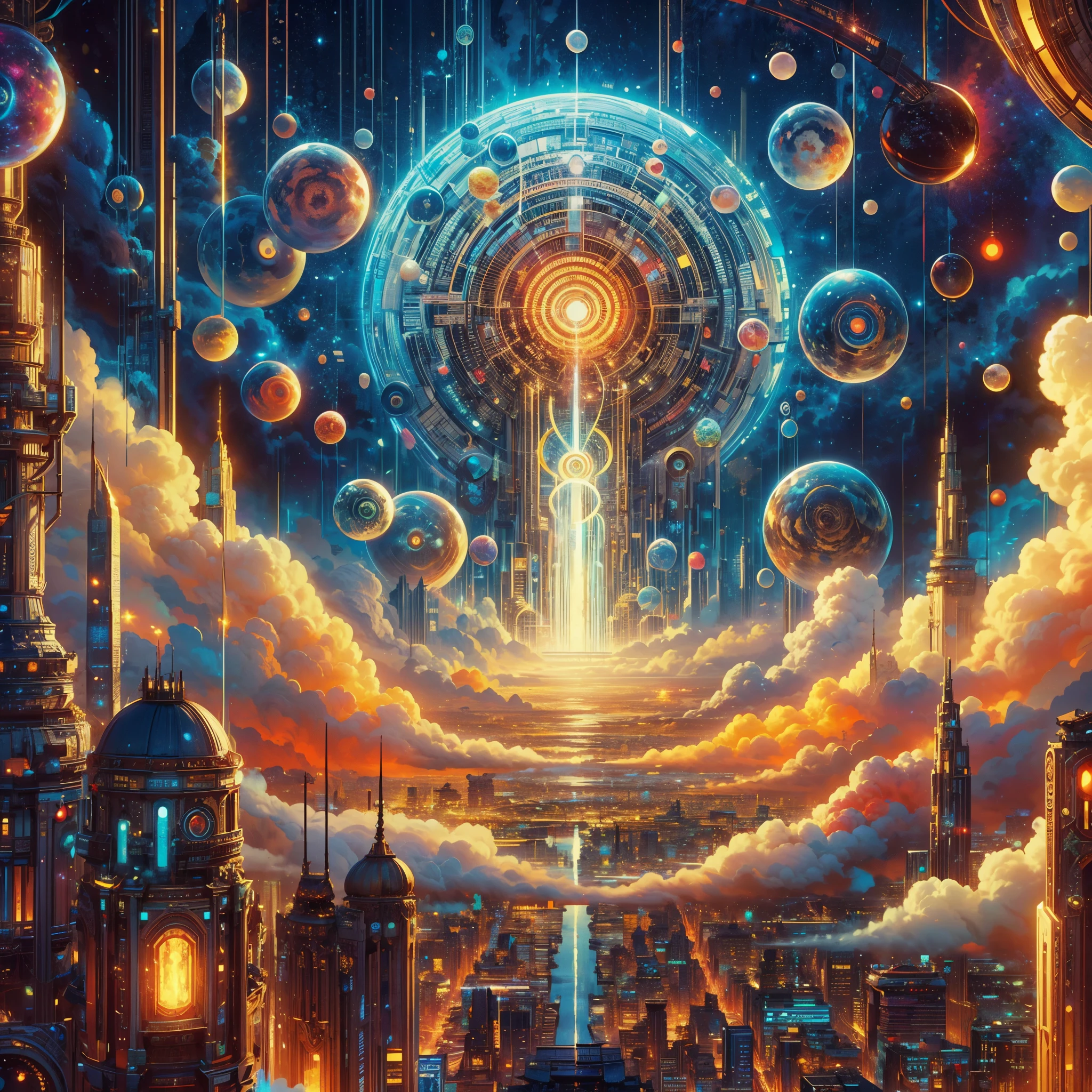 niji, studio ghibli,image of a futuristic paradise with high technology reference,lot of paradise thing in the cosmic, mechanical god cult, bubble tech, colorful harmony cosmic cloud,gate to heaven,colorful,hd, 8k, colored manga_style, massive detail,ultra scale detailed,oil painting, dark colors,wide view, macropicture,a painting of a futuristic city with a fountain in the middle, greg beeple, detailed dreamscape, fractal thunder dan mumford, intricate futurism, dan mumford and alex grey style, detailed sci-fi art, 4k highly detailed digital art, epic fantasy sci fi illustration, beeple masterpiece, dan mumford tom bagshaw, sci-fi digital art illustration