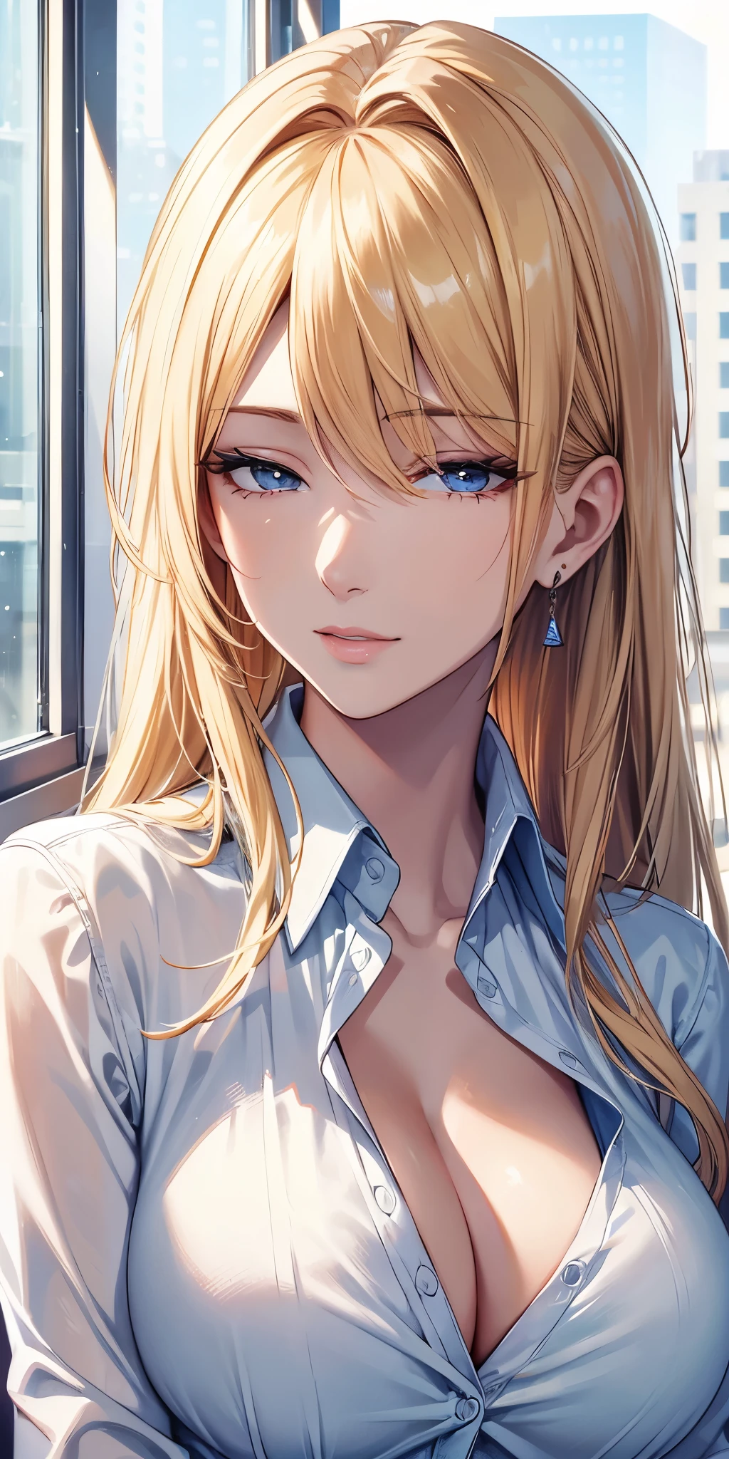 (best quality, highres), portrait, elegant boss lady, long straight hair, swept-side bang, [[[brown hair]]], blonde hair, high detailed eyes, office shirt, cleavage, office window, soft light