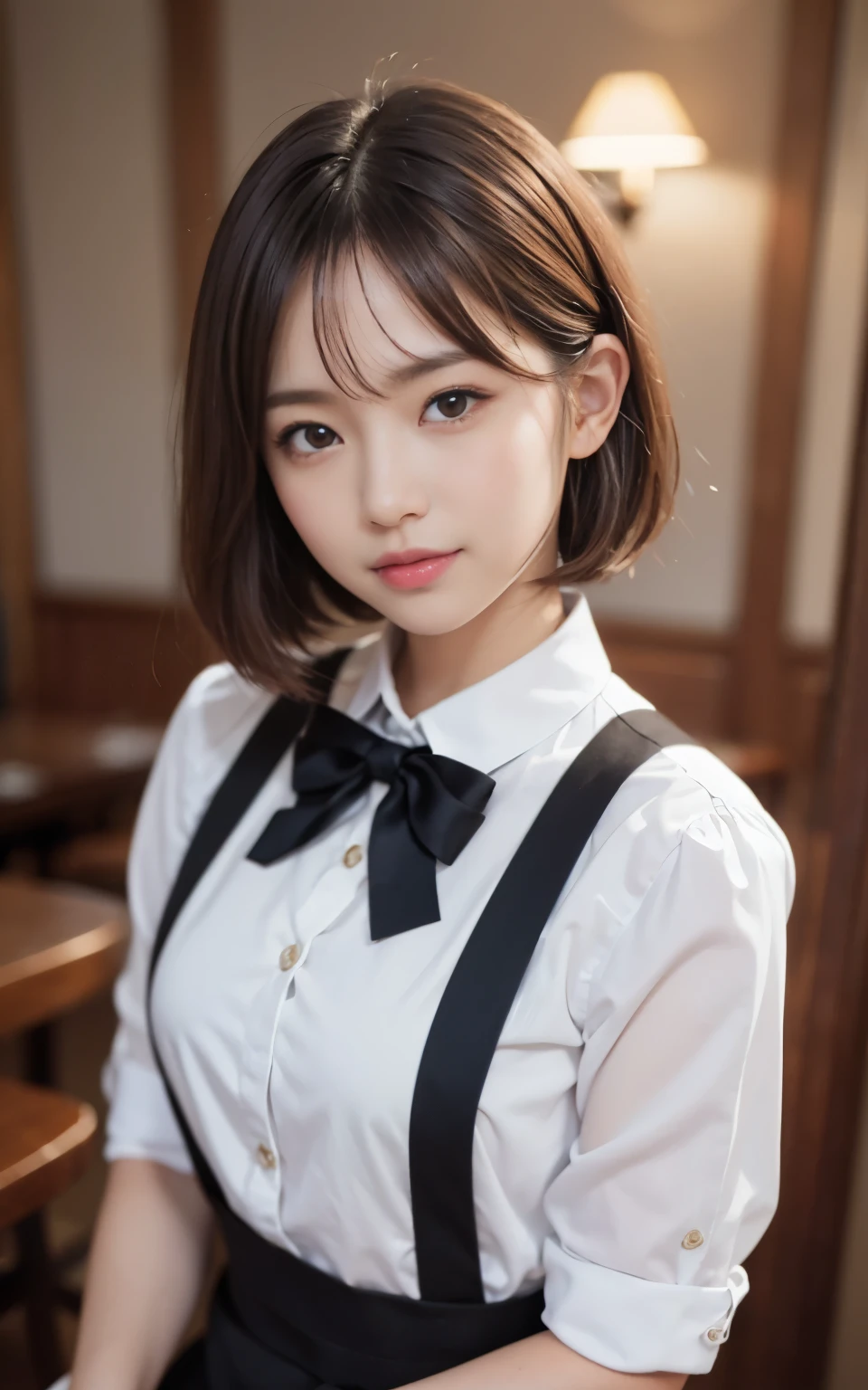 cute 21 year old japanese、apron, black bow tie、Waiter、restaurant、super detail face、pay attention to details、double eyelid、beautiful thin nose、sharp focus:1.2、Beautiful woman:1.4、(light brown hair,short hair、),pure white skin、highest quality、masterpiece、ultra high resolution、(Photoreal:1.4)、Highly detailed and professional lighting、nice smile、Please show me your whole body、