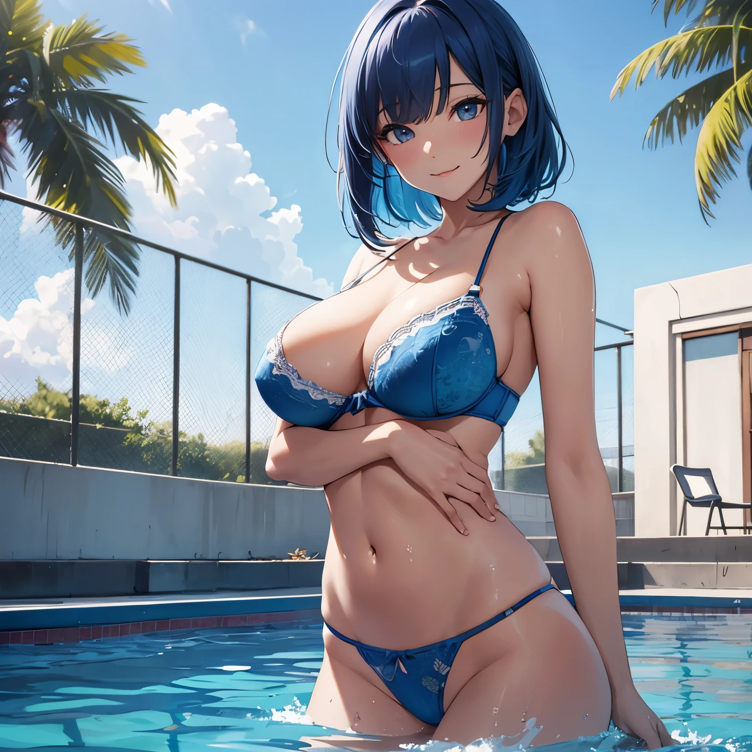 (Master piece), (best quality), (ultra detailed), high quality, highest details, ultra hd, pool, 1girl, medium blue hair, wet, white bra, nartural shadow, large breast, large ass, solo, perfect body, 8k, blue sky, smile,