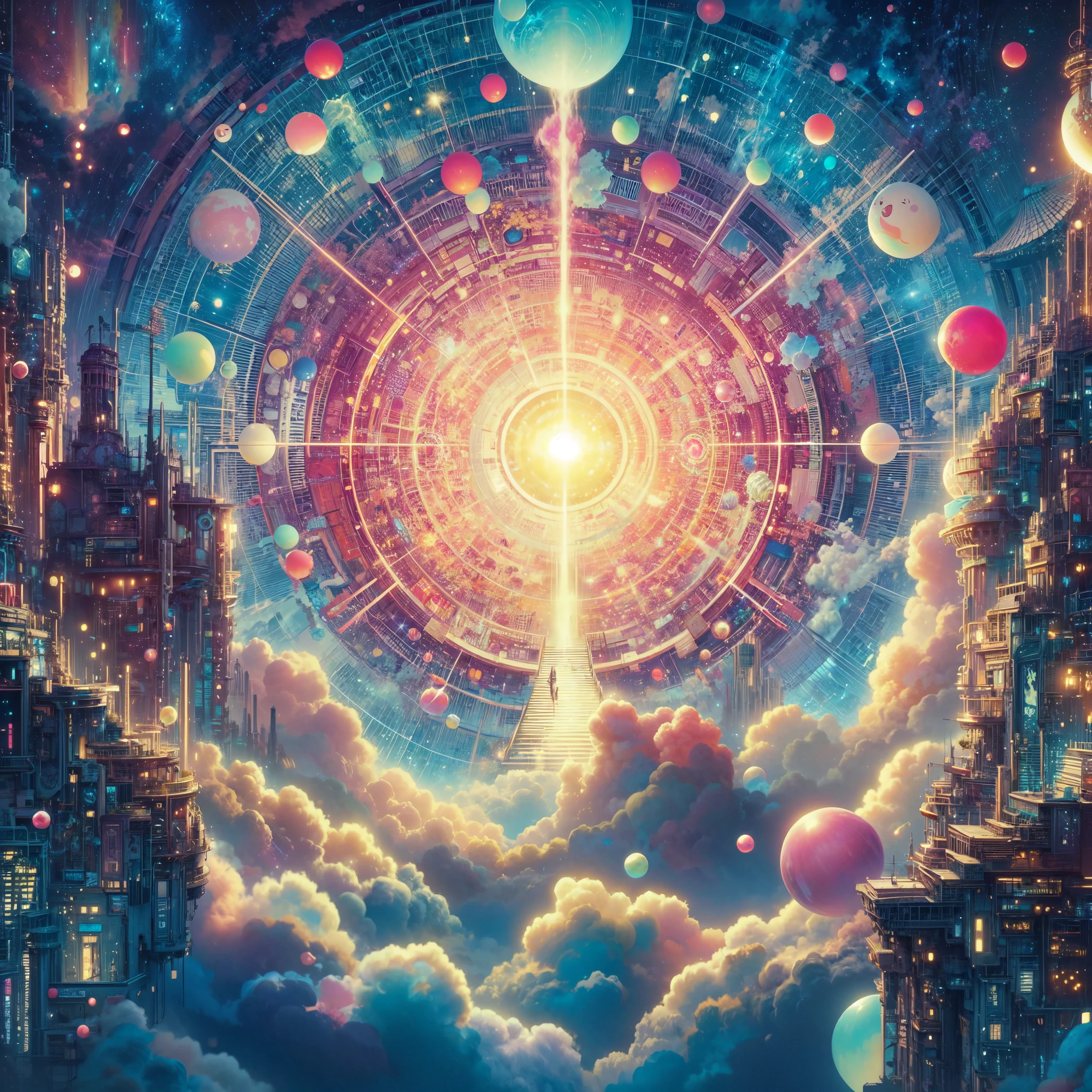 niji, studio ghibli,image of a futuristic paradise with high technology reference,lot of paradise thing in the cosmic, mechanical god cult, bubble tech, colorful harmony cosmic cloud,gate to heaven,colorful,hd, 8k, colored manga_style, massive detail,ultra scale detailed,oil painting, dark colors,wide view, macropicture,a painting of a city with a giant clock surrounded by bubbles, greg beeple, beeple masterpiece, intricate futurism, by Beeple, beeple and jeremiah ketner, hyper - detailed visionary art, hyper detailed visionary art, beeple and tim hildebrandt, beeple artwork, beeple art