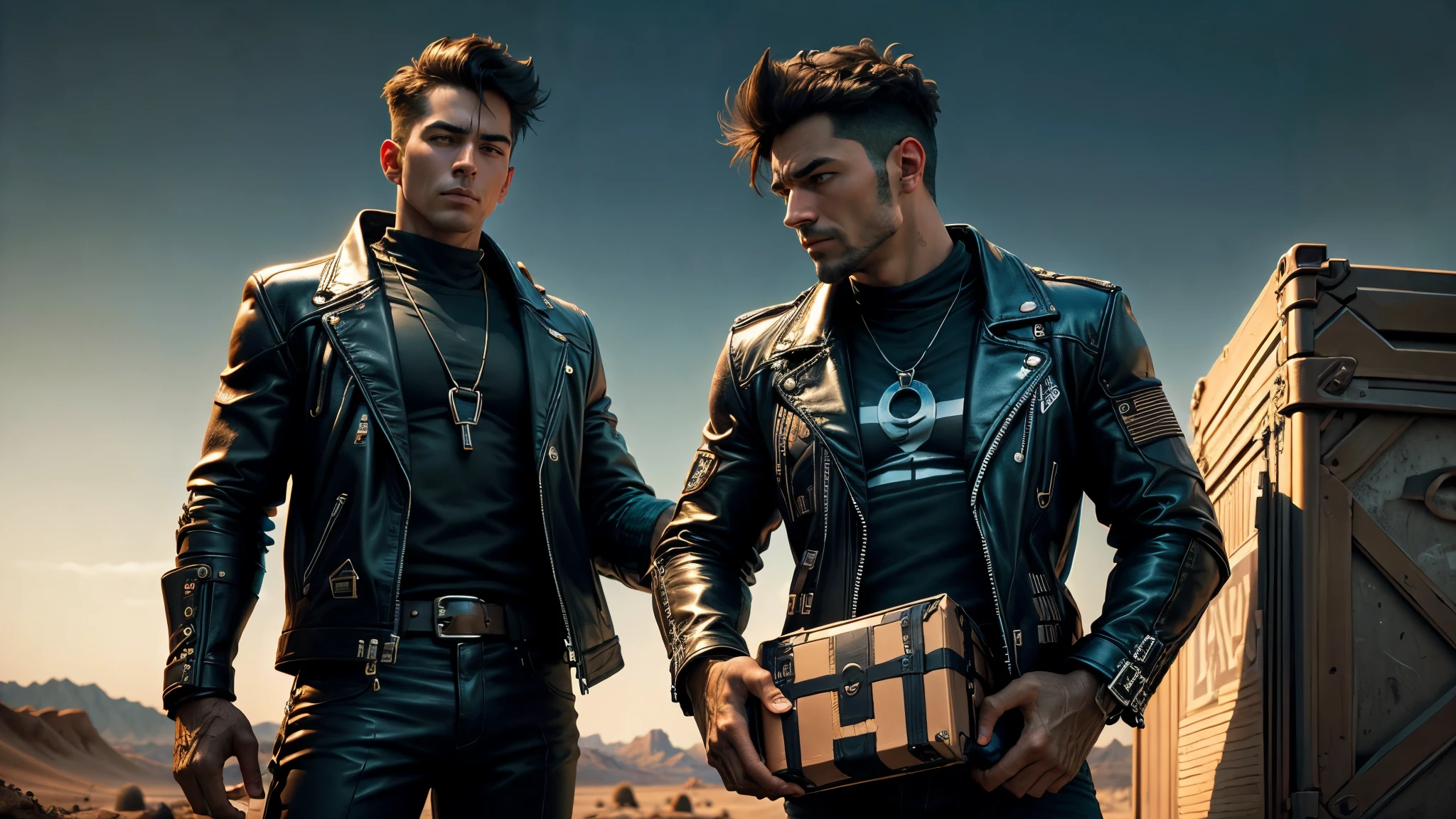 best quality, ultra high resolution,masterpiece, A man in a black leather jacket and his friend,A box of treasure found in the desert