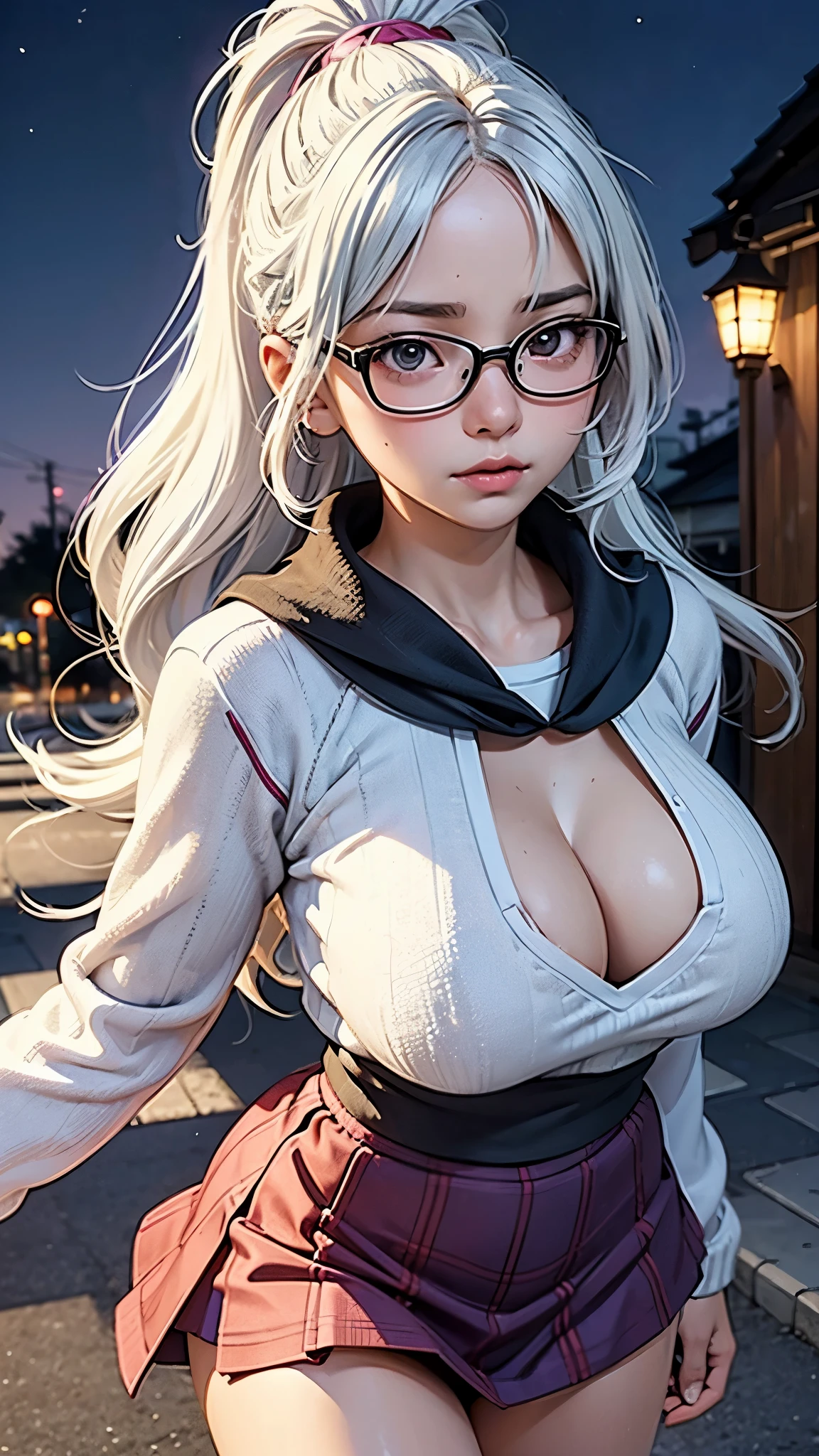 (((fuzzy vibrant colors))), anime style, Highly detailed illustration of a girl with white hair, accentuated super huge enormously gigantic tits, cleavage showing, tattoo sleeves and piercings, wear glasses age 23 breakup, school girl sweater uniform and school girl skirt, empty city street, night time, Tokio city,winter season, cold, froze, Studio Ghibli Film by Hayao Miyazaki, glowy magical smoke, pixiv, subtle colour, close mid-shot, (rule of thirds composition), best quality, gaze into the camera
