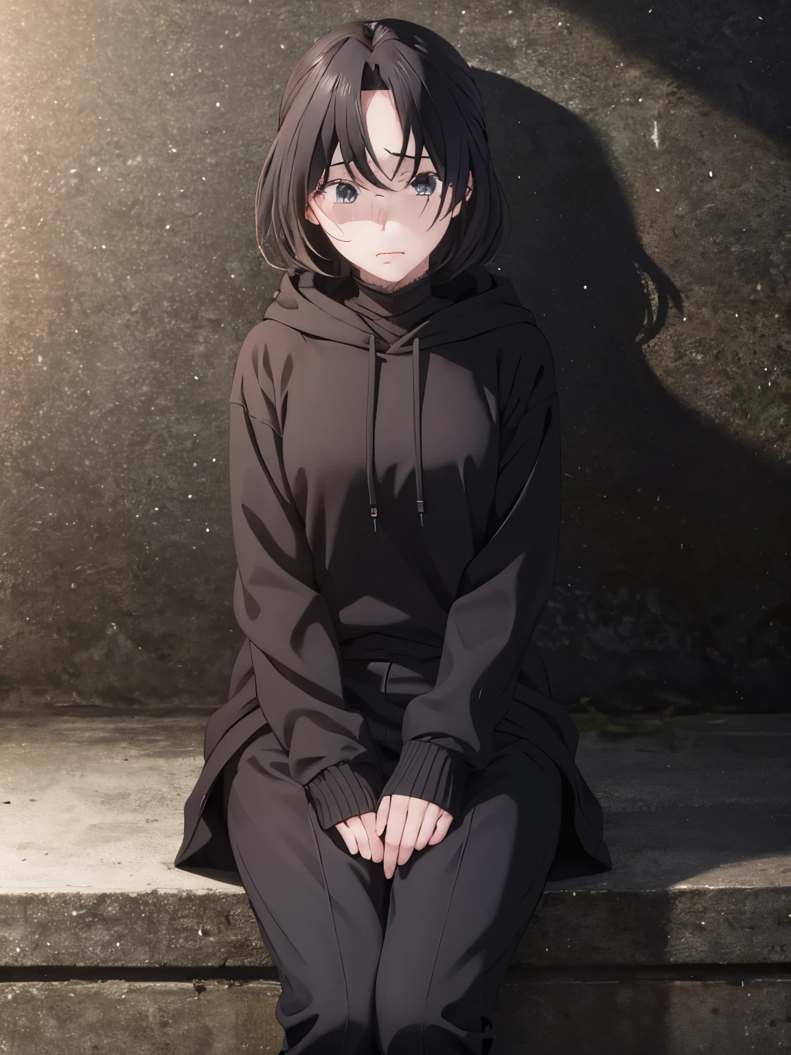 1 girl,black hoodie, Dominique de sade,black trouser,Sitting,Sit facing right, looking away, sad expression, half body photo,tears coming out,ultra detail