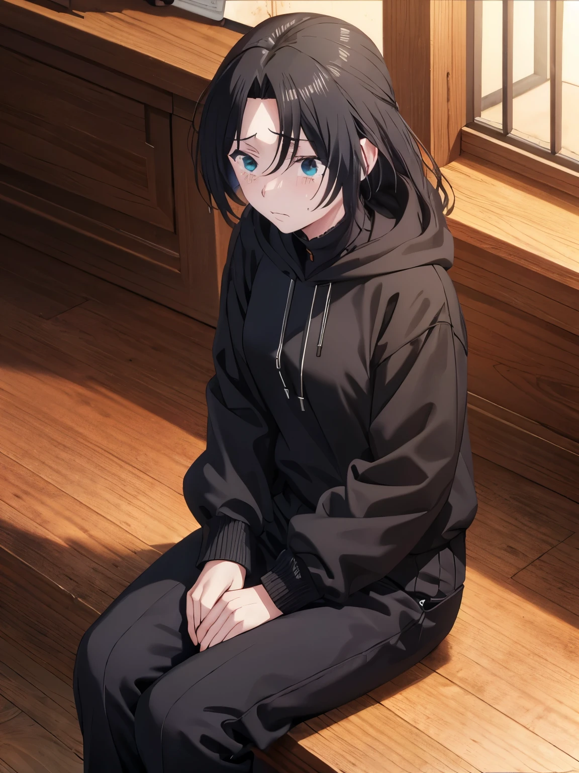 1 girl,black hoodie, Dominique de sade,black trouser,Sitting,Sit facing right, looking away, sad expression, half body photo,tears coming out,ultra detail