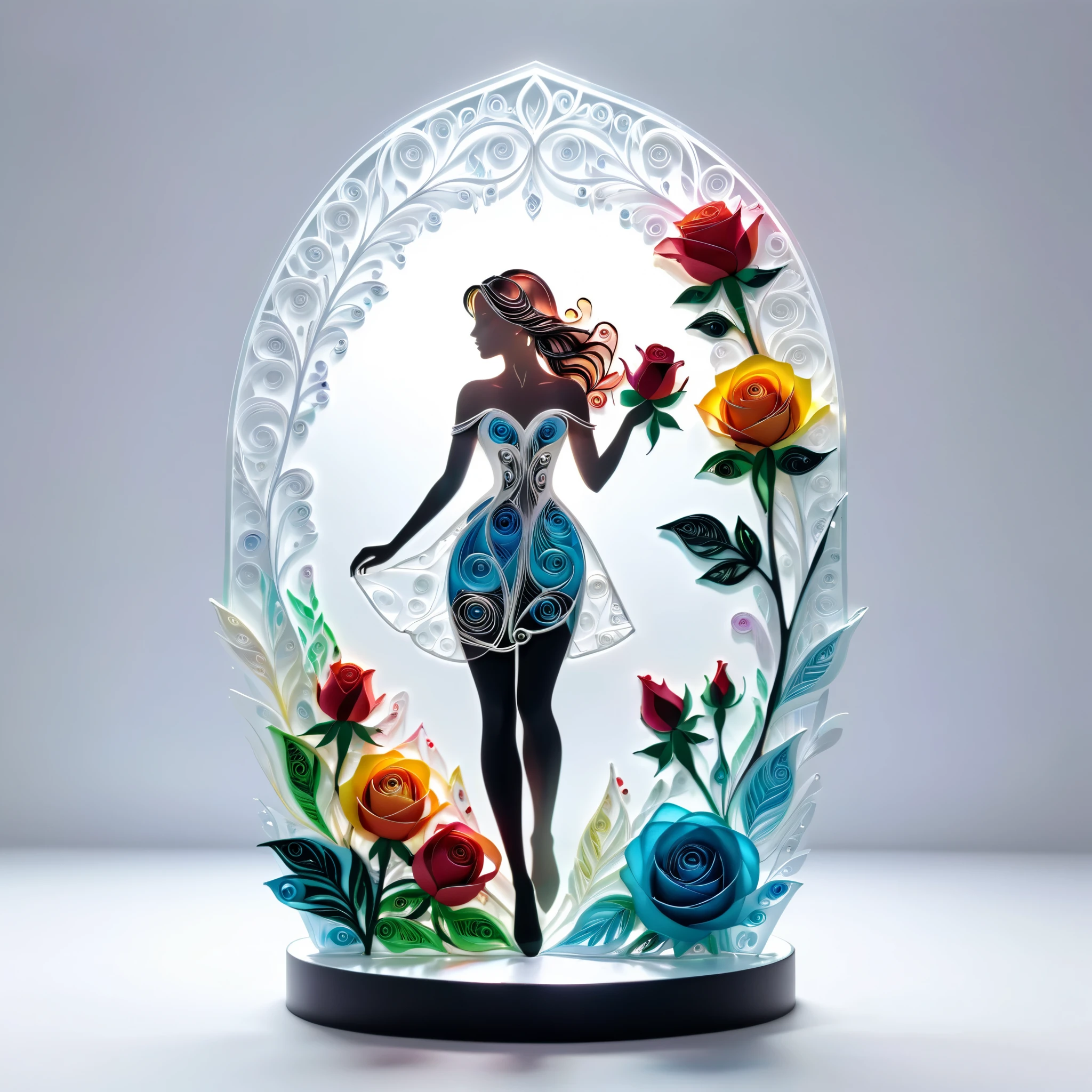 (hologram:1.5),Transparency Glass, silhouette of a beautiful woman,Colorful rose,in the winter,White background,paper art,quilling paper art,zentangle, geomerty,3D render, Cinematic lighting effects
