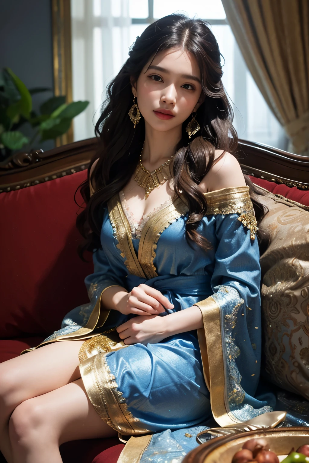 Wonder Homam, sitting elegantly on a plush sofa, crosses one leg, bathed in soft, warm light. She dons a flowing, sapphire-blue robe, its rich fabric shimmering subtly. The robe's intricate, golden patterns add an aura of regality to her presence. Her almond-shaped, deep-set eyes gleam with intelligence and wisdom. Her long, wavy, chestnut hair cascades over her shoulders, adorned with delicate, gold filigree earrings. A serene smile graces her lips, hinting at her peaceful demeanor. The room around her is filled with an air of tranquility, the