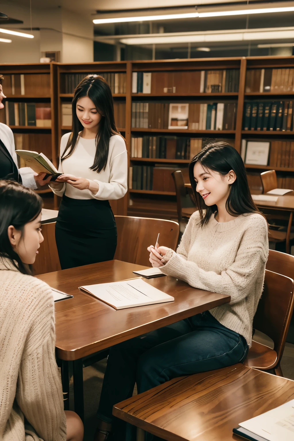 Book club,5 men and 5 women,Sitting at a long desk,Aged between 20 and 30 years old,Wear casual clothes,in the library,HD,Natural expression,Cheerful,There are books in front of everyone