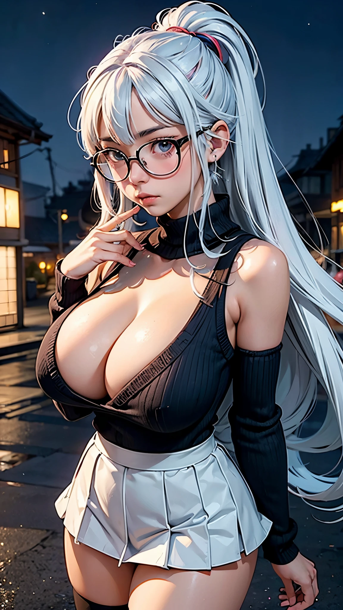 (((fuzzy vibrant colors))), anime style, Highly detailed illustration of a girl with white hair, accentuated super huge enormously gigantic tits, cleavage showing, tattoo sleeves and piercings, wear glasses age 23 breakup, school girl sweater school girl uniform and school girl skirt, sexy seductive slutty pose, empty city street, night time, Tokio city,winter season, cold, froze, Studio Ghibli Film by Hayao Miyazaki, glowy magical smoke, pixiv, subtle colour, close mid-shot, (rule of thirds composition), best quality, gaze into the camera
