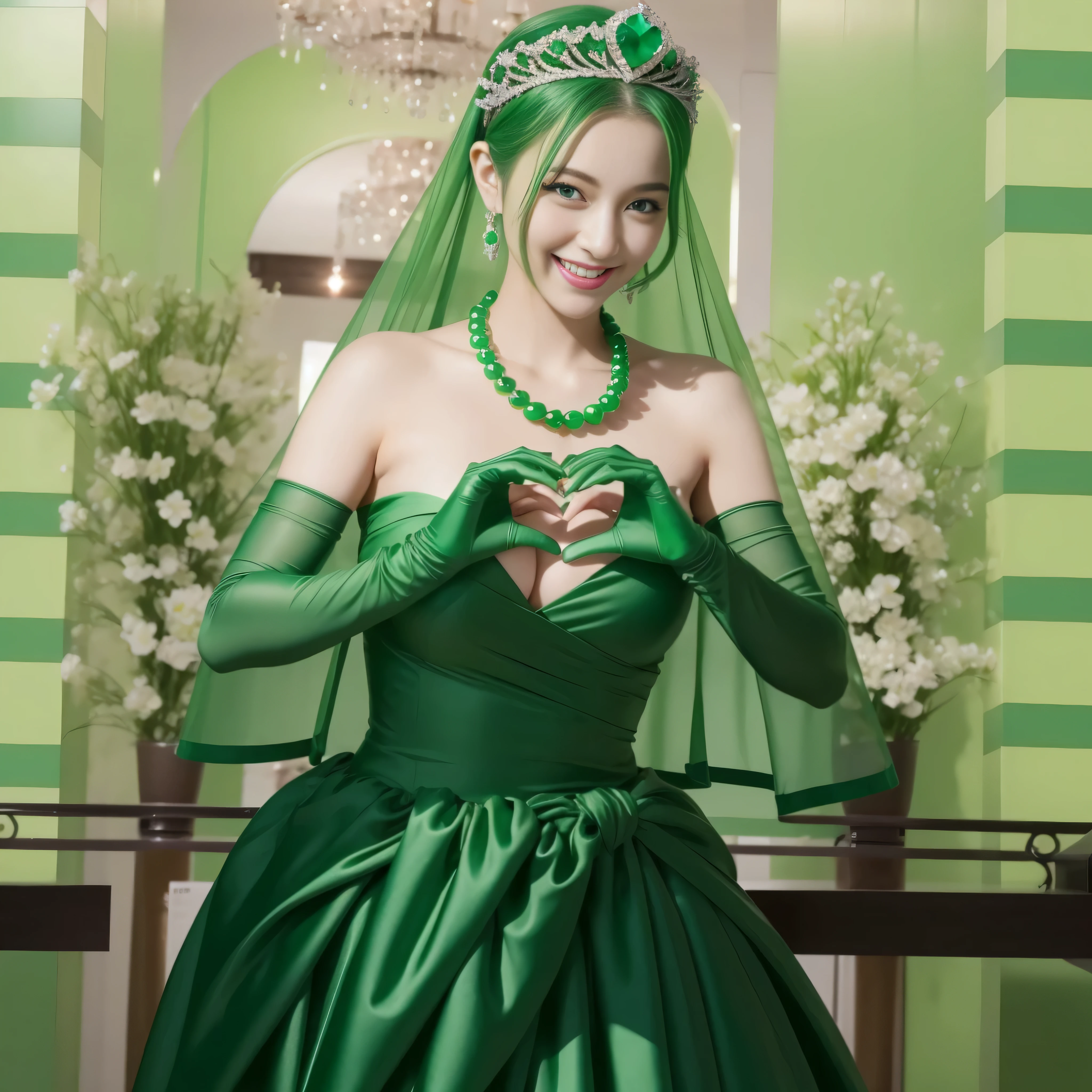 emerald tiara, Green Pearl Necklace, ボーイッシュな非常に短いgreen hair, green lips, Smiling Japan woman in her 30s, very short hair, Beautiful woman with big breasts, green eyes, green satin long gloves, green eyes, emerald earrings, Green veil, Heart with both hands, green hair, beautiful japanese woman, heart shaped hands:1.3, green lip gloss