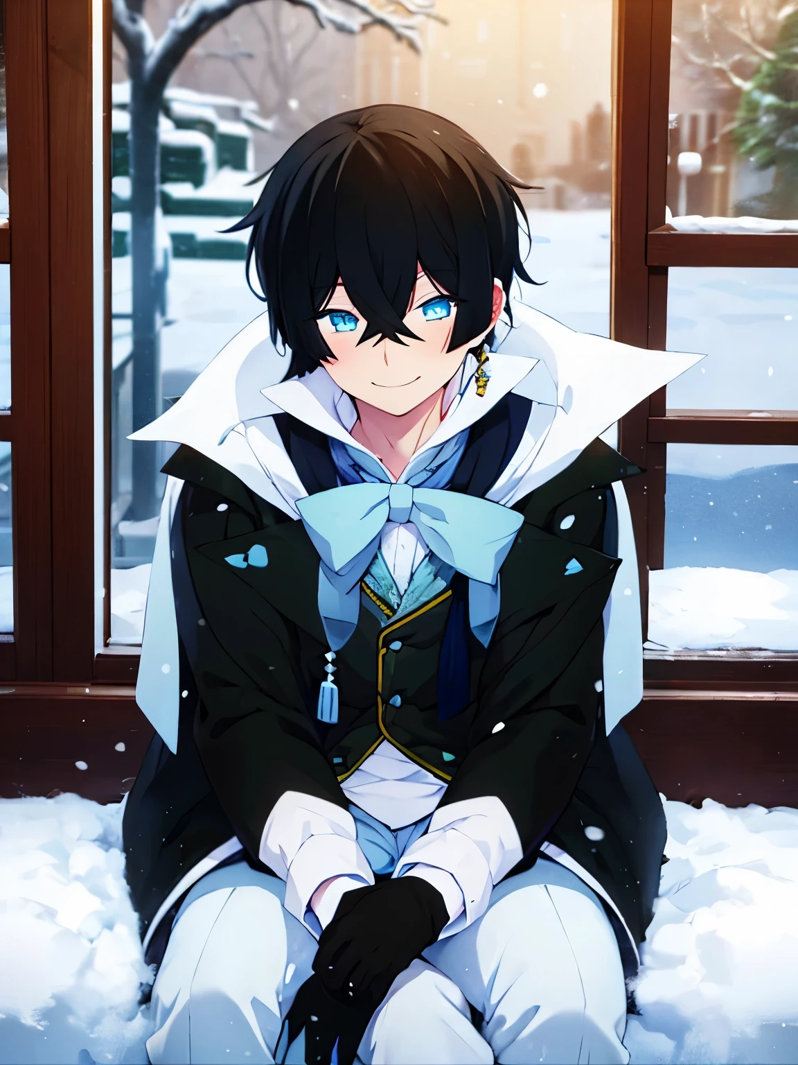 1boy,vanitas no carte,Sit,Sit facing right,smile,looking away,at the north pole, snow storm,half body photo