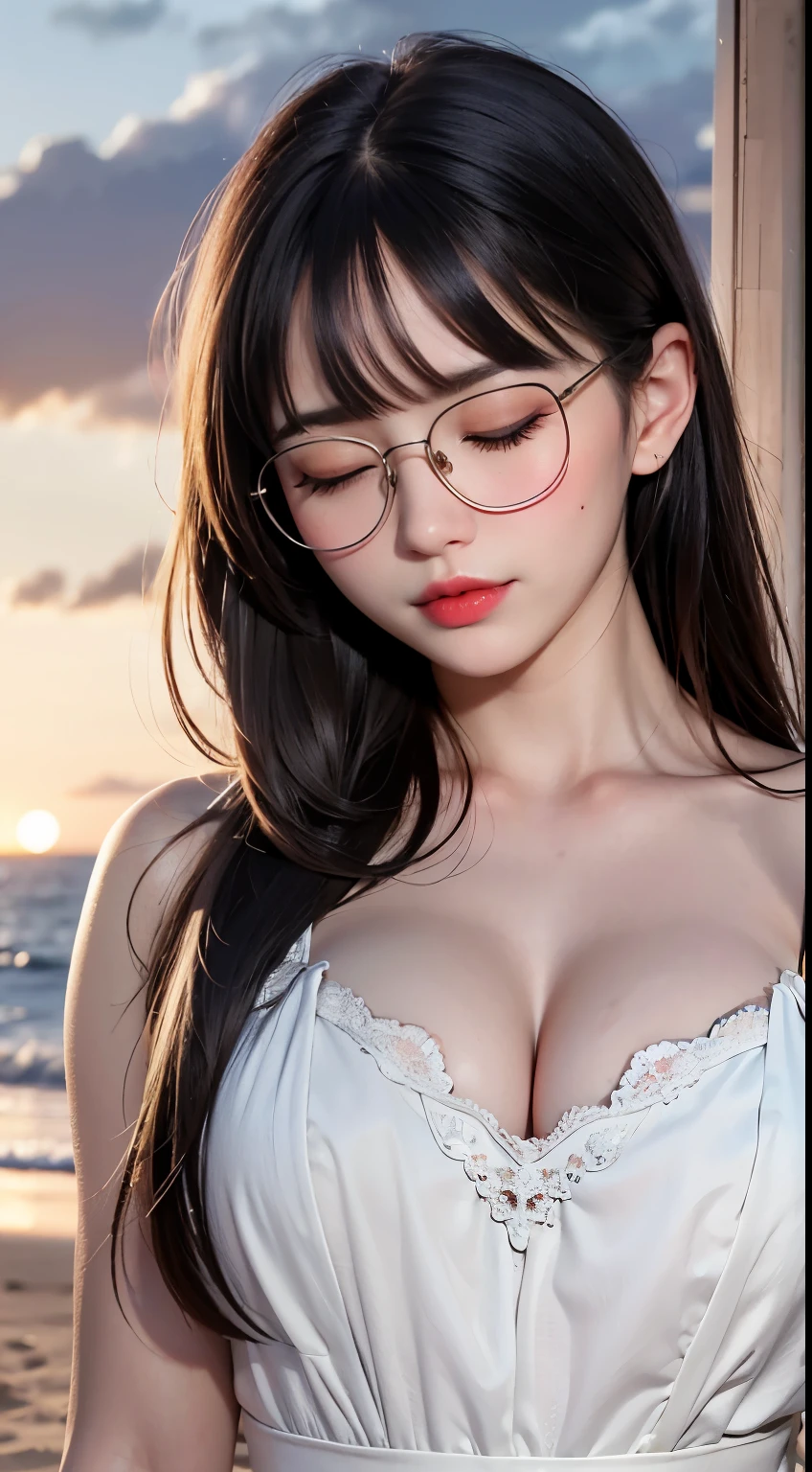 Mustepiece, top quality, illustration, ultra-definition, detailed, high resolution, 8K wallpaper, perfect dynamic composition, beautiful eyes in every detail, wearing a dress, natural colored lips, beach, random cute pose, eyes closed, Wearing glasses, perfect and beautiful face, cute, sexy face, sunset, feminine face