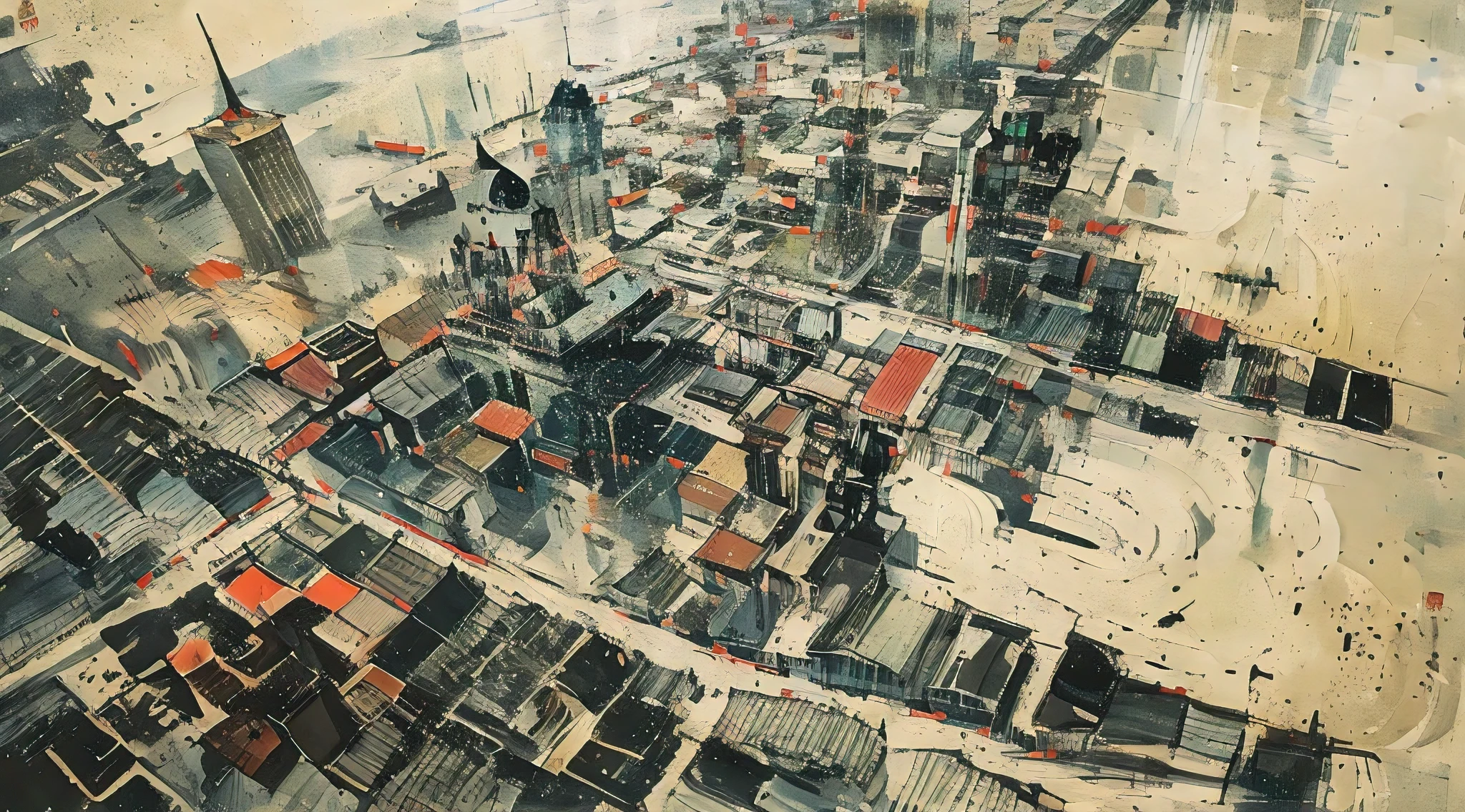 (best quality, masterpiece:1.2), bird's eye view,city view,nature scenery,Wu Guanzhong style,Chinese ink brush,architecture,pavilions,skyscrapers,trails of ink,bold brushstrokes,dynamic lines,contrast of light and shadow,vibrant colors,modern and traditional fusion,streets bustling with people,lanterns and banners,flowing rivers and bridges,reflection in water,impressionistic atmosphere,harmony and tranquility,rooftops and courtyards,serene mountains in the distance,breezy and open atmosphere,Aerial view of the city,majestic scenery.