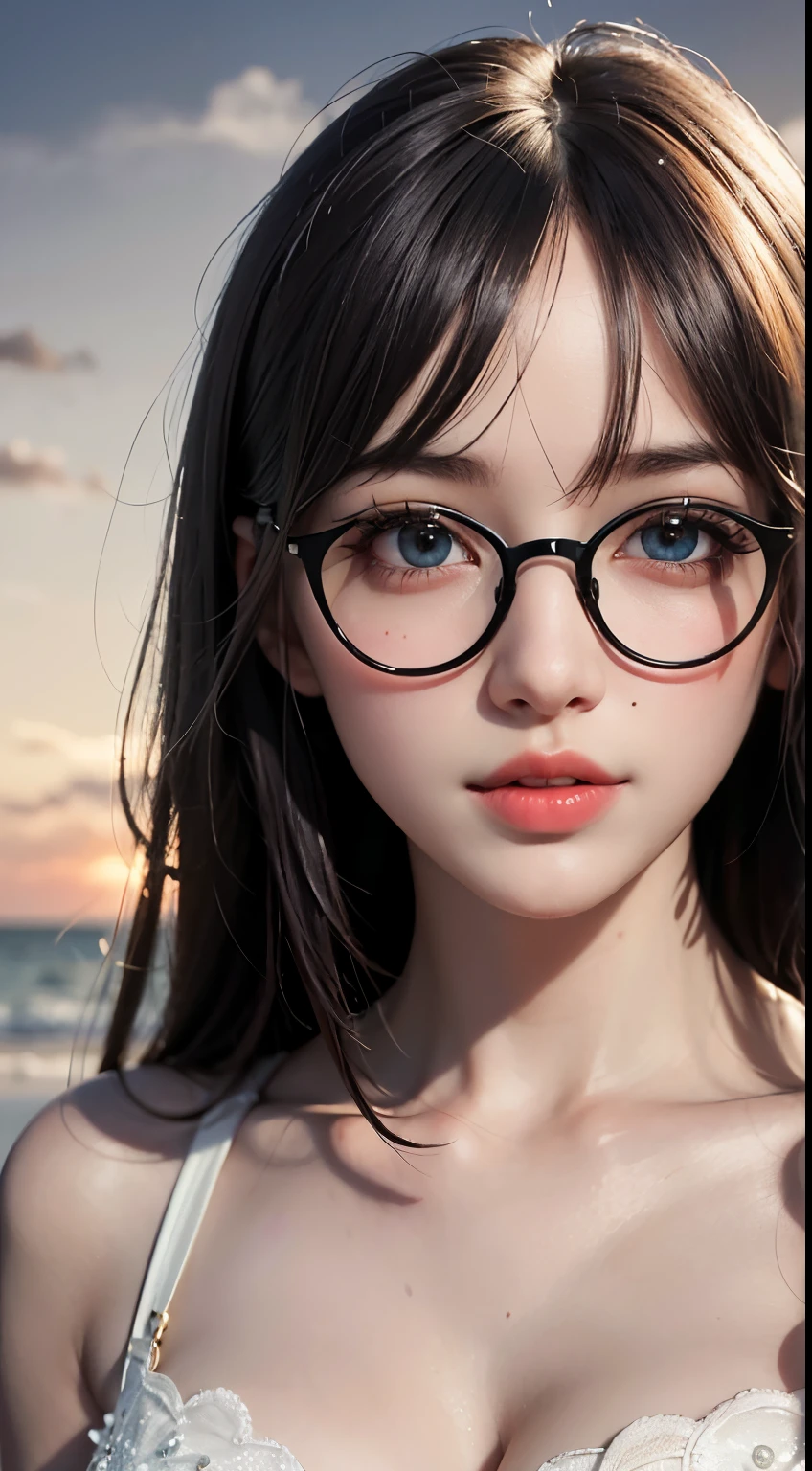 Mustepiece, top quality, illustration, ultra-definition, detailed, high resolution, 8K wallpaper, perfect dynamic composition, beautiful eyes in every detail, wearing a dress, natural colored lips, beach, random cute pose, Wearing glasses, perfect and beautiful face, cute, sexy face, sunset, feminine face