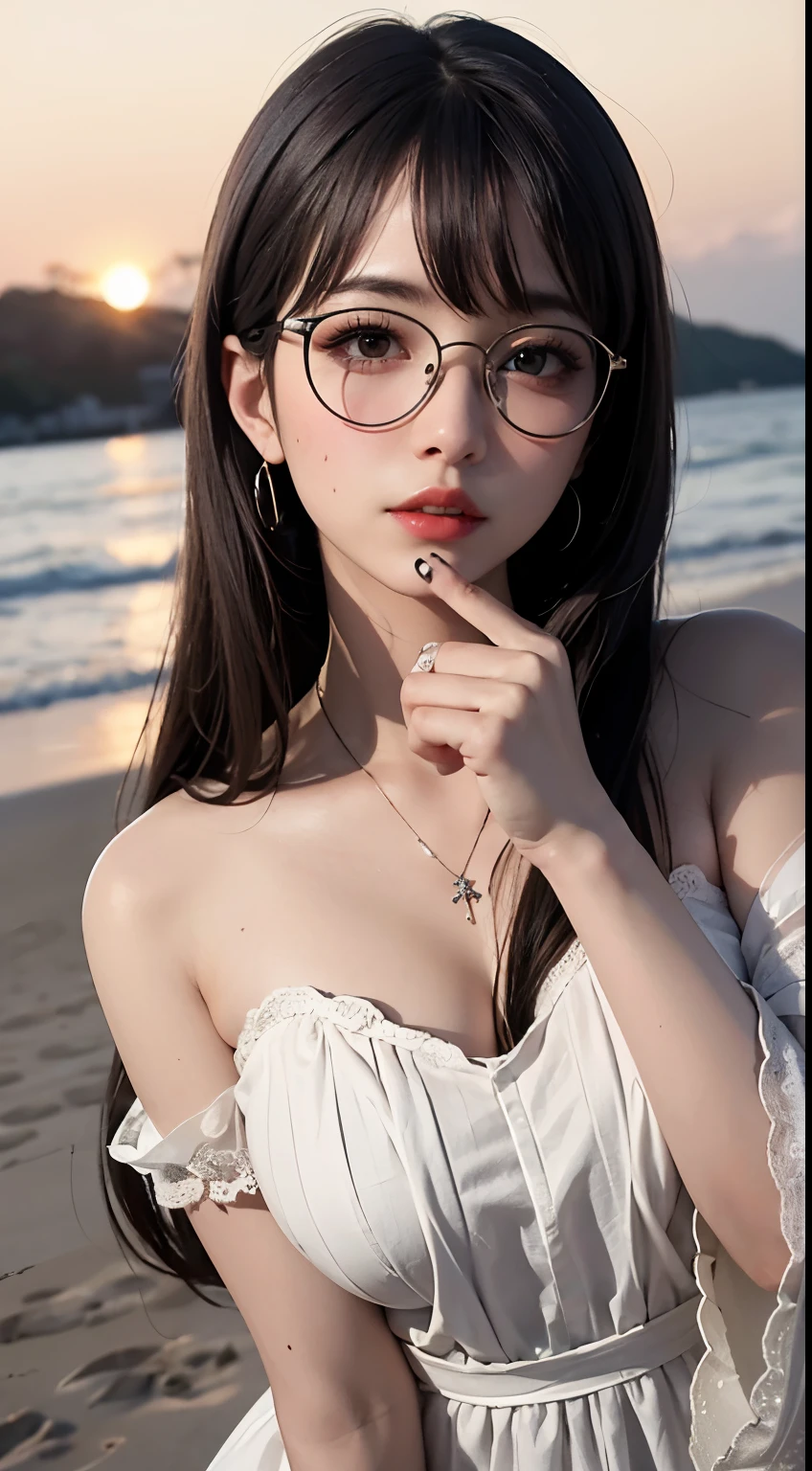 Maste piece, top quality, illustration, ultra-definition, detail, high resolution, 8K, perfect dynamic composition, beautiful eyes in every detail, wearing a dress, natural colored lips, beach, random cute pose, slender silver rimmed glasses, wearing glasses, perfect, beautiful face, cute, sexy face, sunset, feminine face