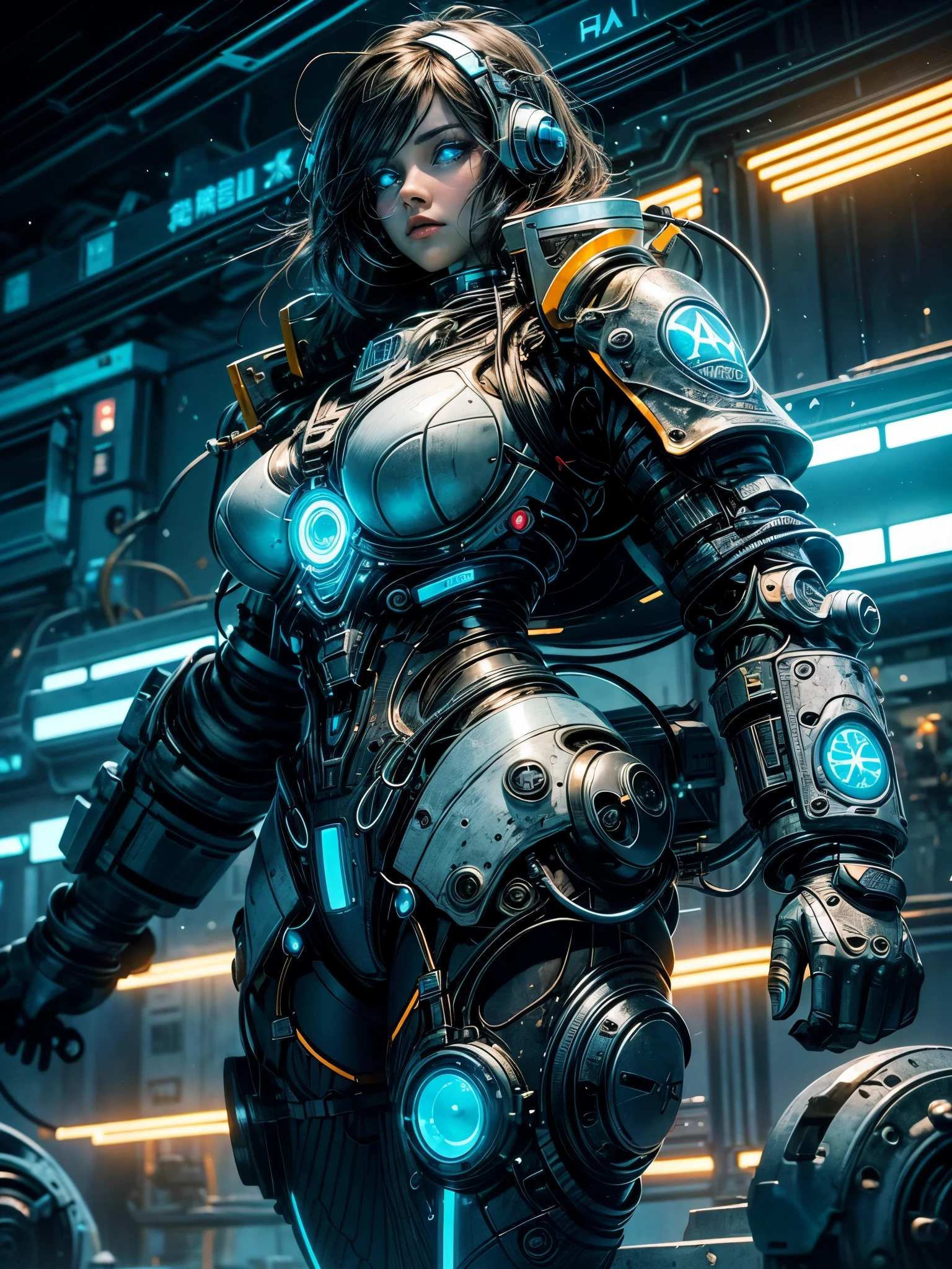 a female，There&#39;s a thick cable between her legs，Eyes glow blue