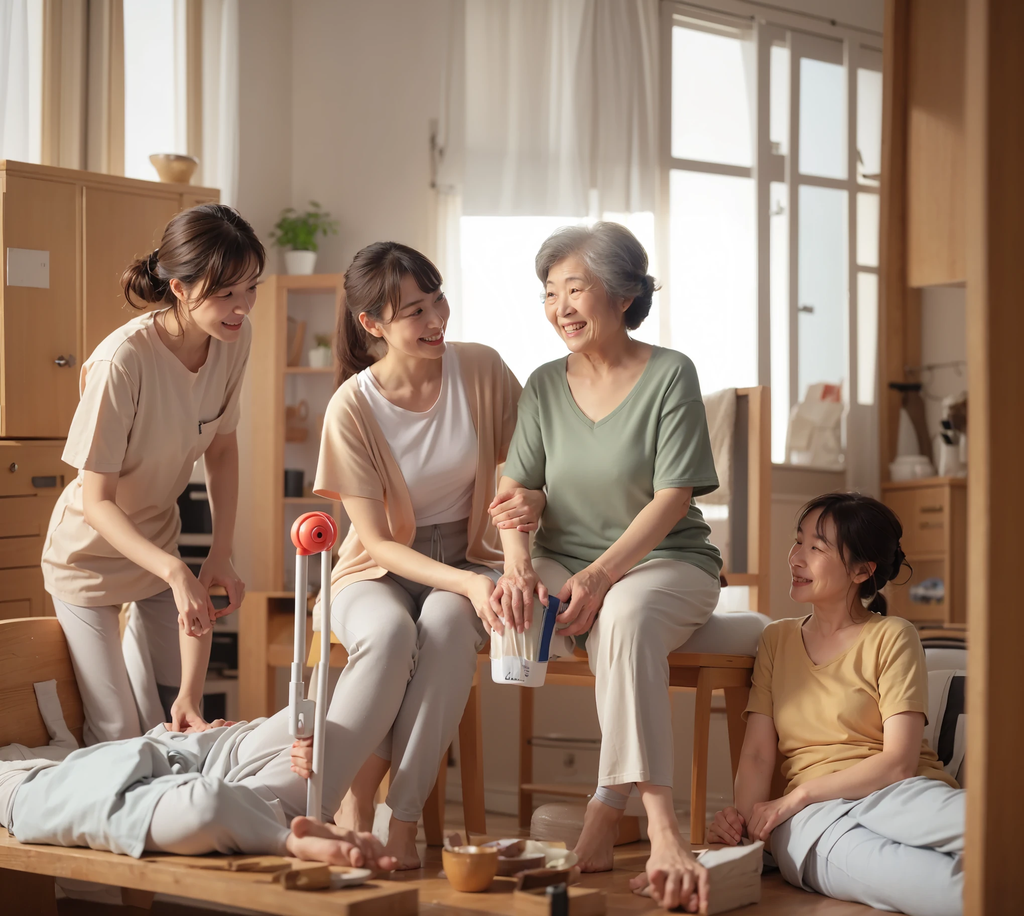 A caregiver is taking care of an old woman with an injured leg at home.,(((There are only two of them at home)))