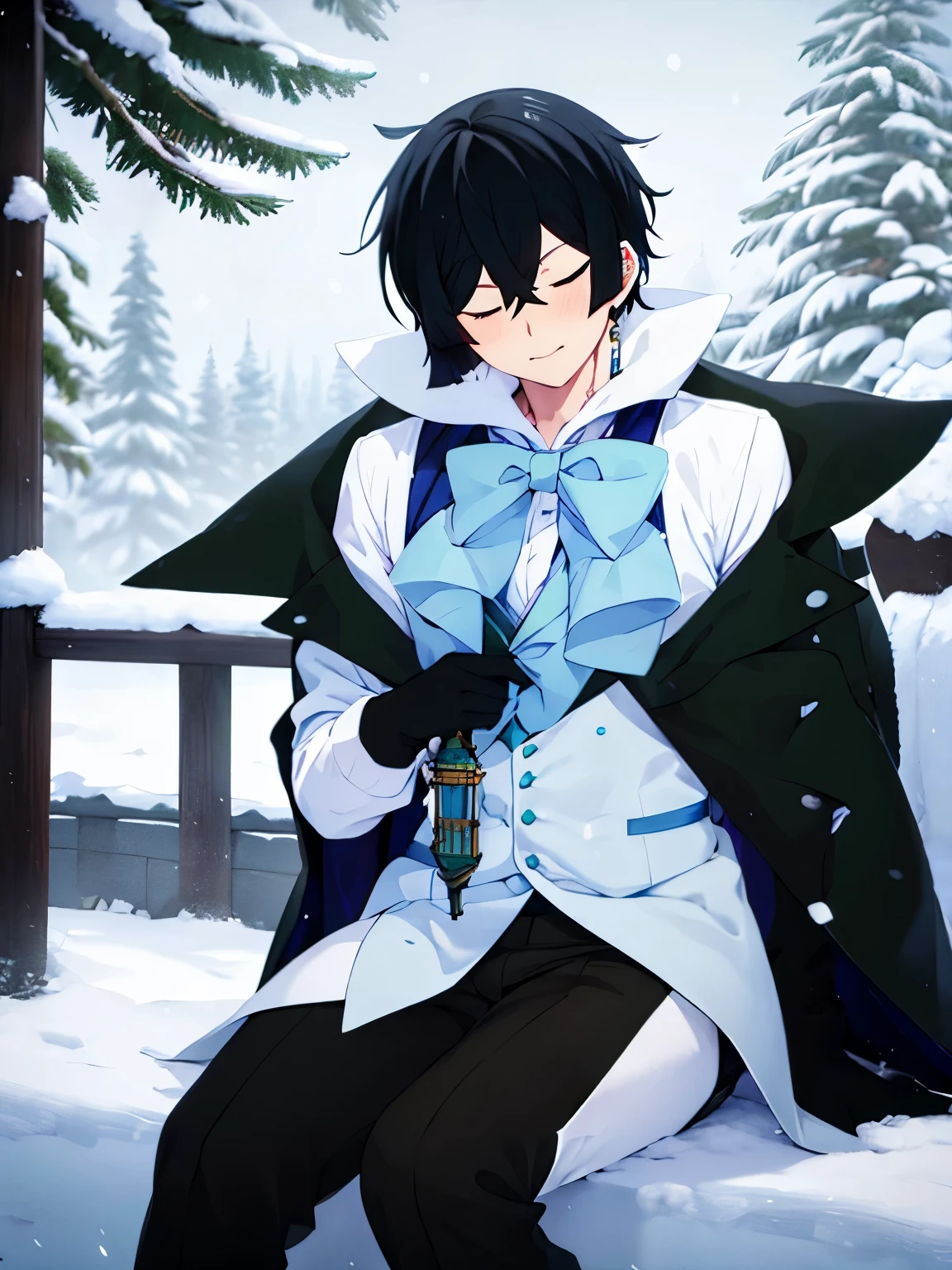 1boy,vanitas no carte,Sit, eyes closed,at the north pole, snow storm,half body photo