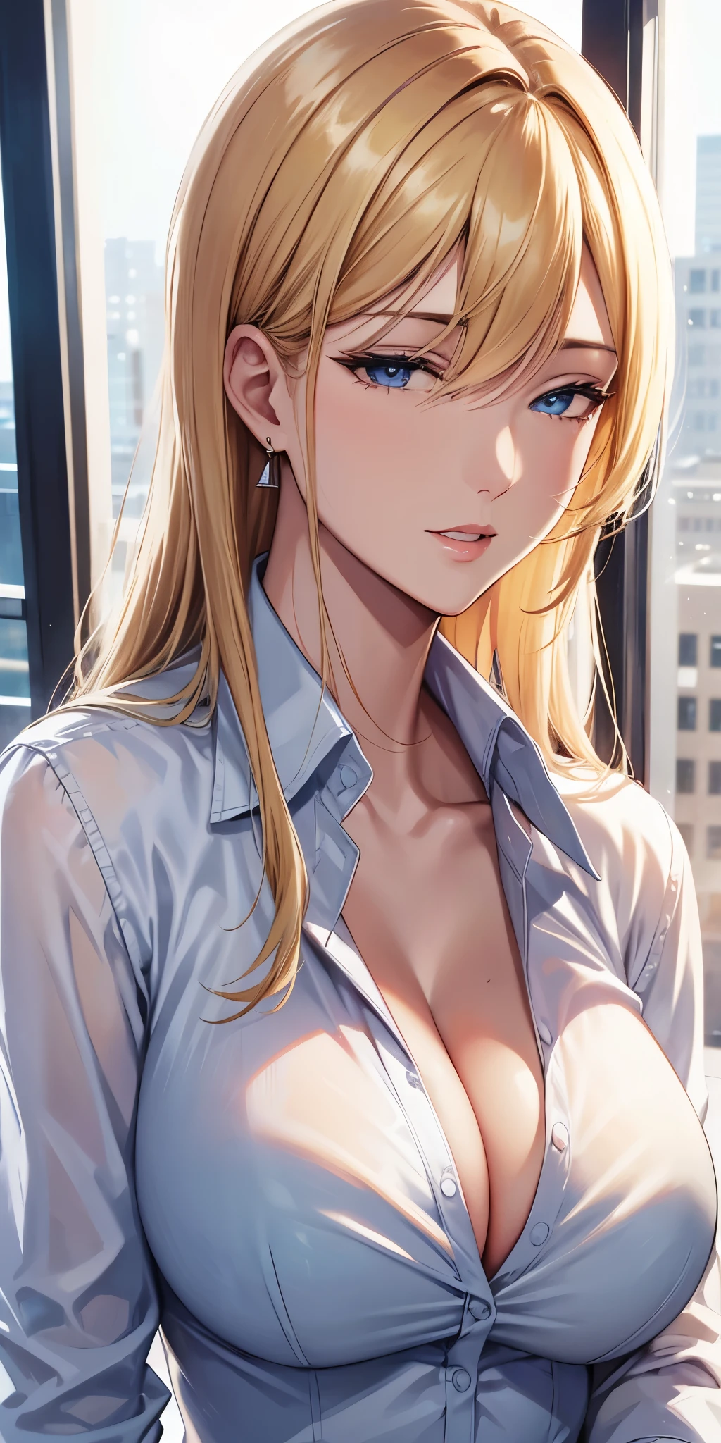 (best quality, highres), portrait, elegant boss lady, long straight hair, swept-side bang, [[[brown hair]]], blonde hair, high detailed eyes, office shirt, cleavage, office window, soft light