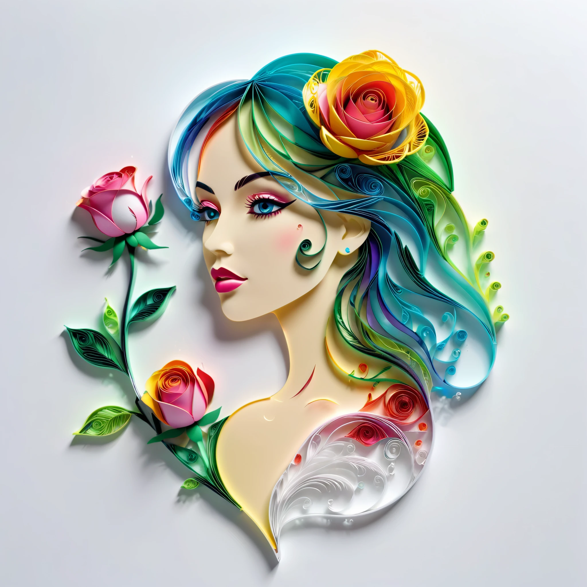 (hologram:1.5),Transparency Glass, silhouette of a beautiful woman,Colorful rose,White background,paper art,quilling paper art,zentangle, geomerty,3D render, Cinematic lighting effects