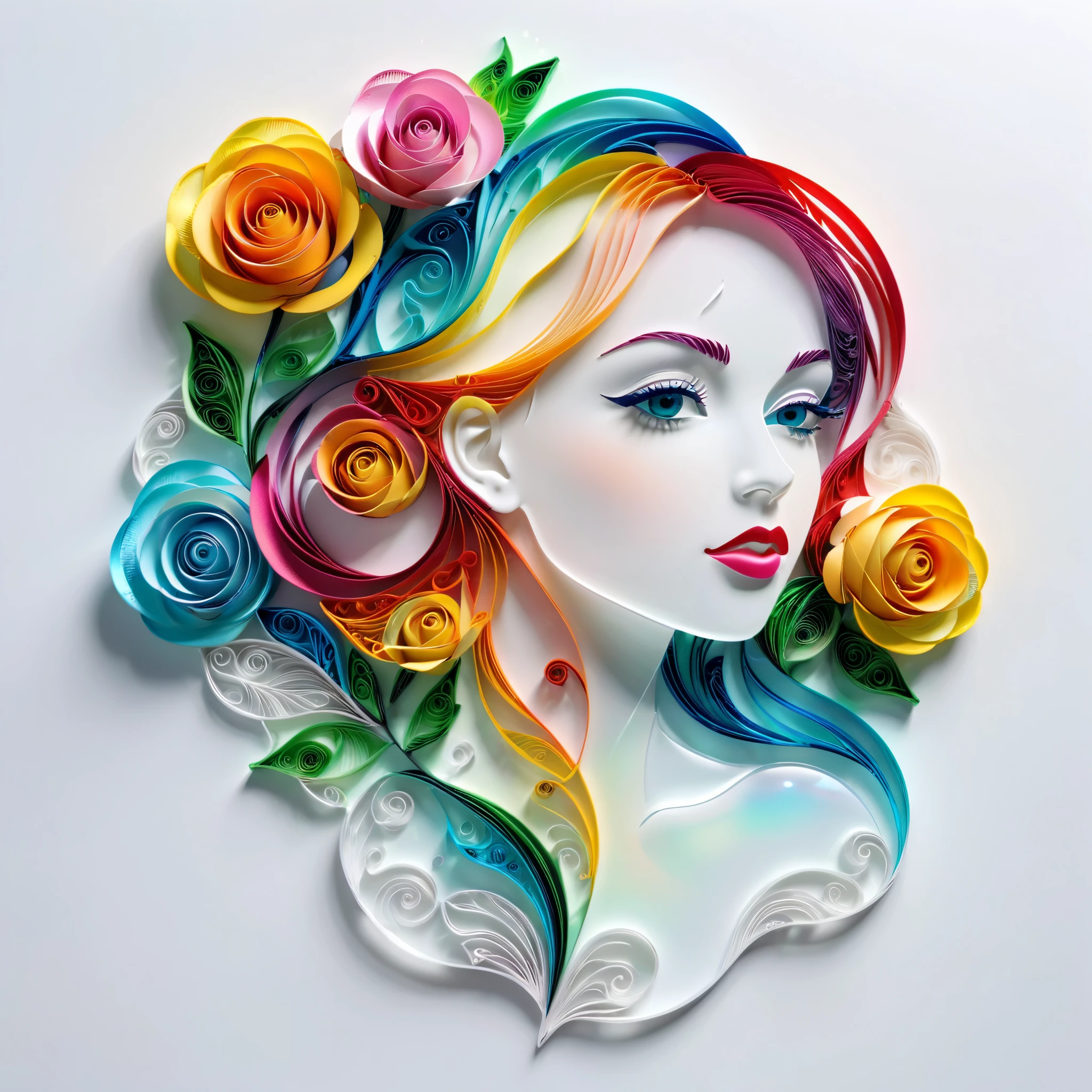 （hologram:1.5)，Transparency Glass, silhouette of a beautiful woman，Colorful rose，White background，paper art，quilling paper art，zentangle, geomerty，3D render， Cinematic lighting effects