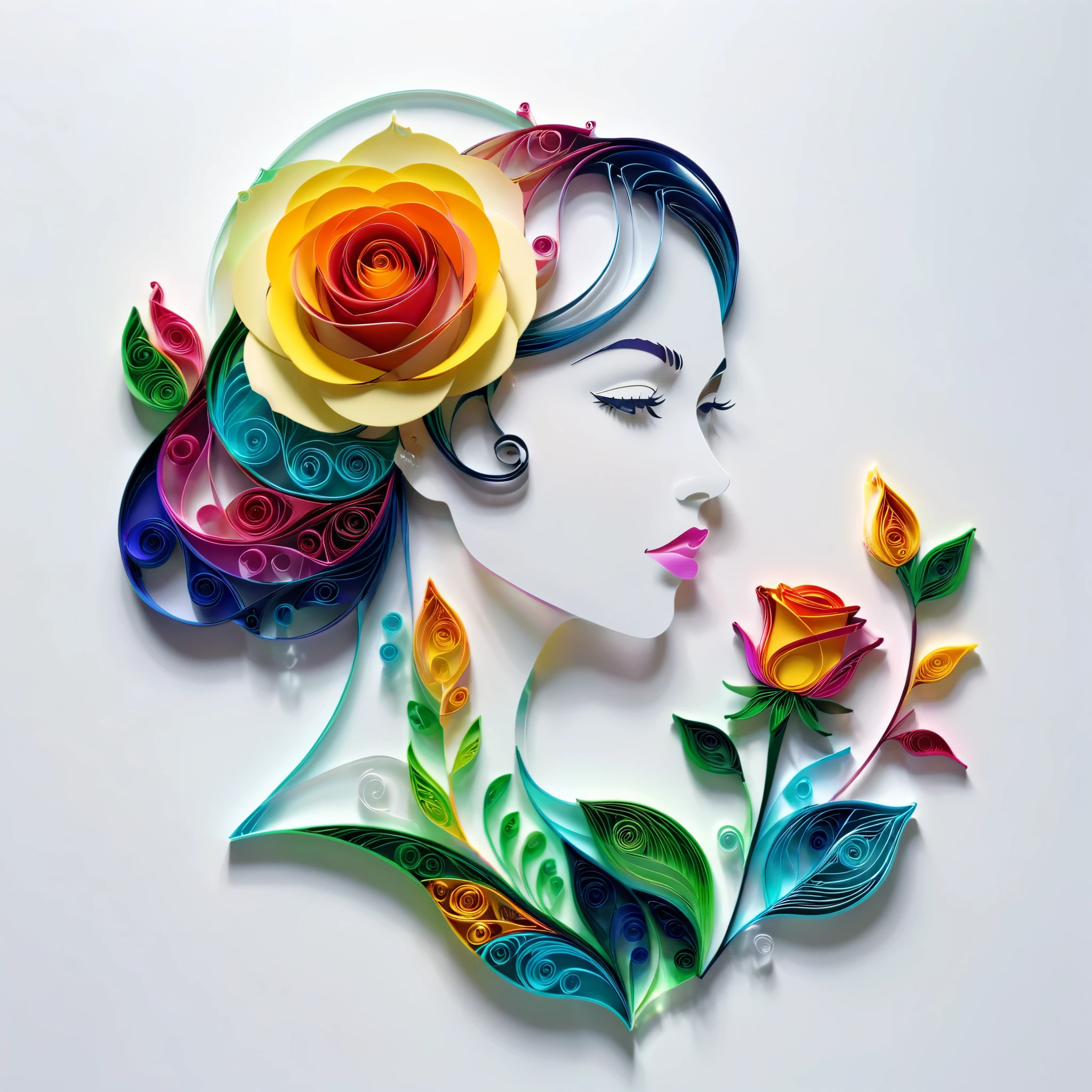 (hologram:1.5),Transparency Glass, silhouette of a beautiful woman,Colorful rose,White background,paper art,quilling paper art,zentangle, geomerty,3D render, Cinematic lighting effects