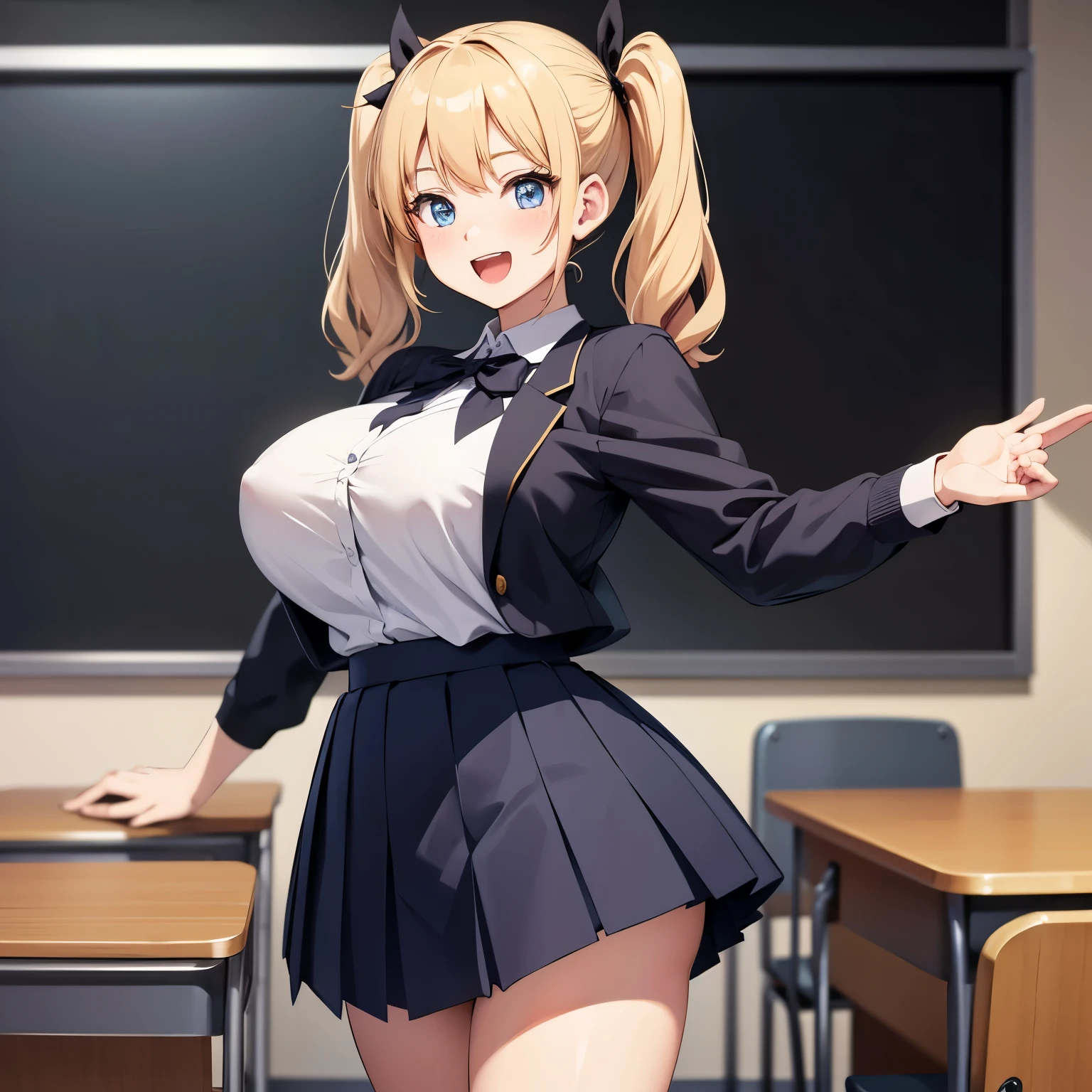 anime style, masterpiece, (highest quality:1.2), (Super detailed:1.2), In 4K, one girl, Muchimuchi, Blonde twintails with black ribbon, high school girl, jk, blue eyes, smile, big breasts, beautiful breasts, Outstanding style, looking at the camera, real face, full body, , open mouth, mini skirt, school uniform, stand, classroom,