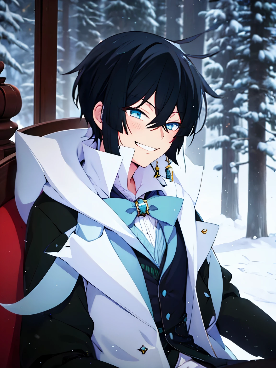 1boy,vanitas no carte,Sit,Sit facing right,smile,looking away,at the north pole, snow storm,half body photo