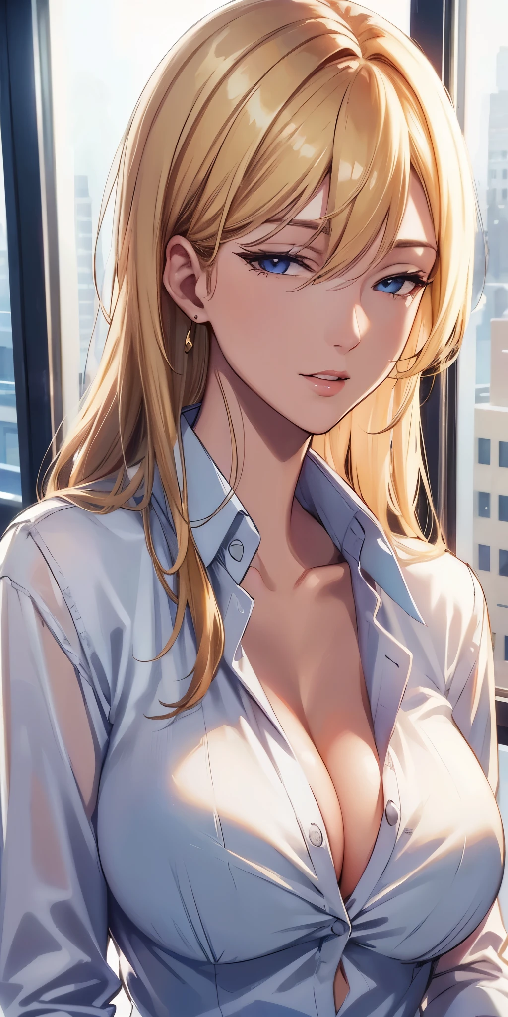 (best quality, highres), portrait, elegant boss lady, long straight hair, swept-side bang, [[[brown hair]]], blonde hair, high detailed eyes, office shirt, cleavage, office window, flat 2d art