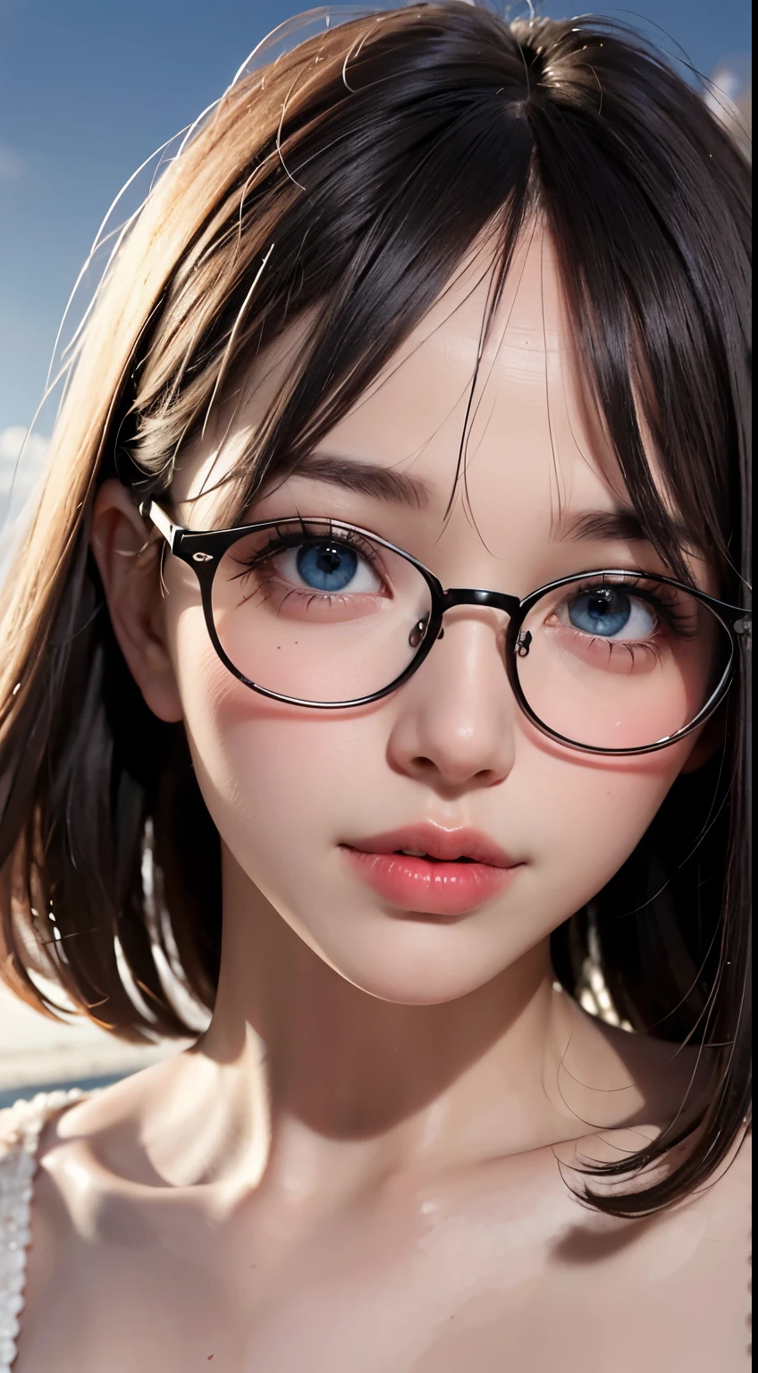 Maste piece, top quality, illustration, ultra-definition, detail, high resolution, 8K, perfect dynamic composition, beautiful eyes in every detail, wearing a dress, natural colored lips, beach, random cute pose, slender silver rimmed glasses, wearing glasses, perfect, beautiful face, cute, sexy face, sunset, feminine face