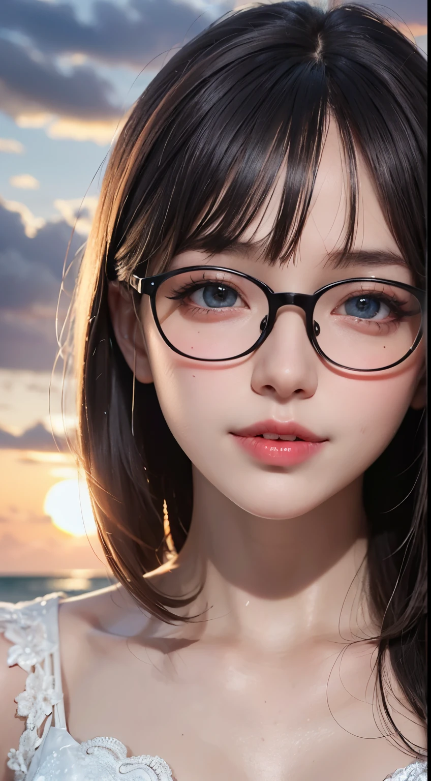 Maste piece, top quality, illustration, ultra-definition, detail, high resolution, 8K, perfect dynamic composition, beautiful eyes in every detail, wearing a dress, natural colored lips, beach, random cute pose, slender silver rimmed glasses, wearing glasses, perfect, beautiful face, cute, sexy face, sunset, feminine face