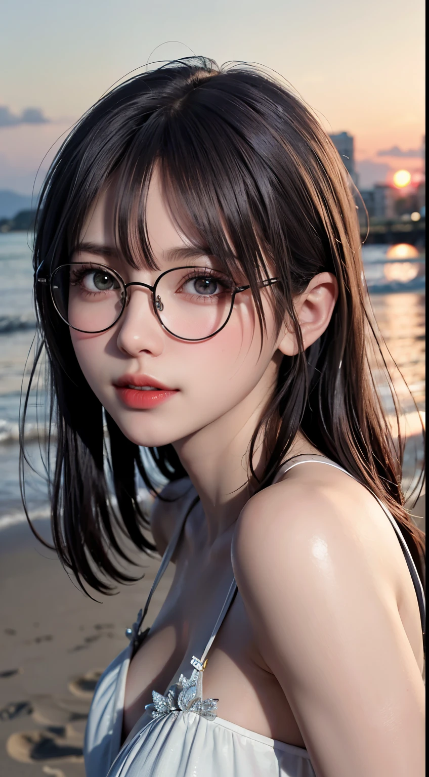 Maste piece, top quality, illustration, ultra-definition, detail, high resolution, 8K, perfect dynamic composition, beautiful eyes in every detail, wearing a dress, natural colored lips, beach, random cute pose, slender silver rimmed glasses, wearing glasses, perfect, beautiful face, cute, sexy face, sunset, feminine face